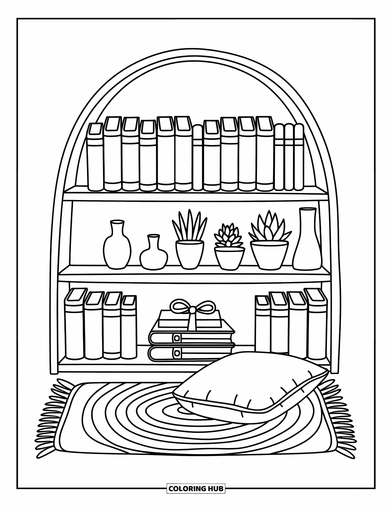 Bookshelf Coloring Page for Adults: Whimsical round bookshelf with books, succulents, and a folded cushion on a woven mat