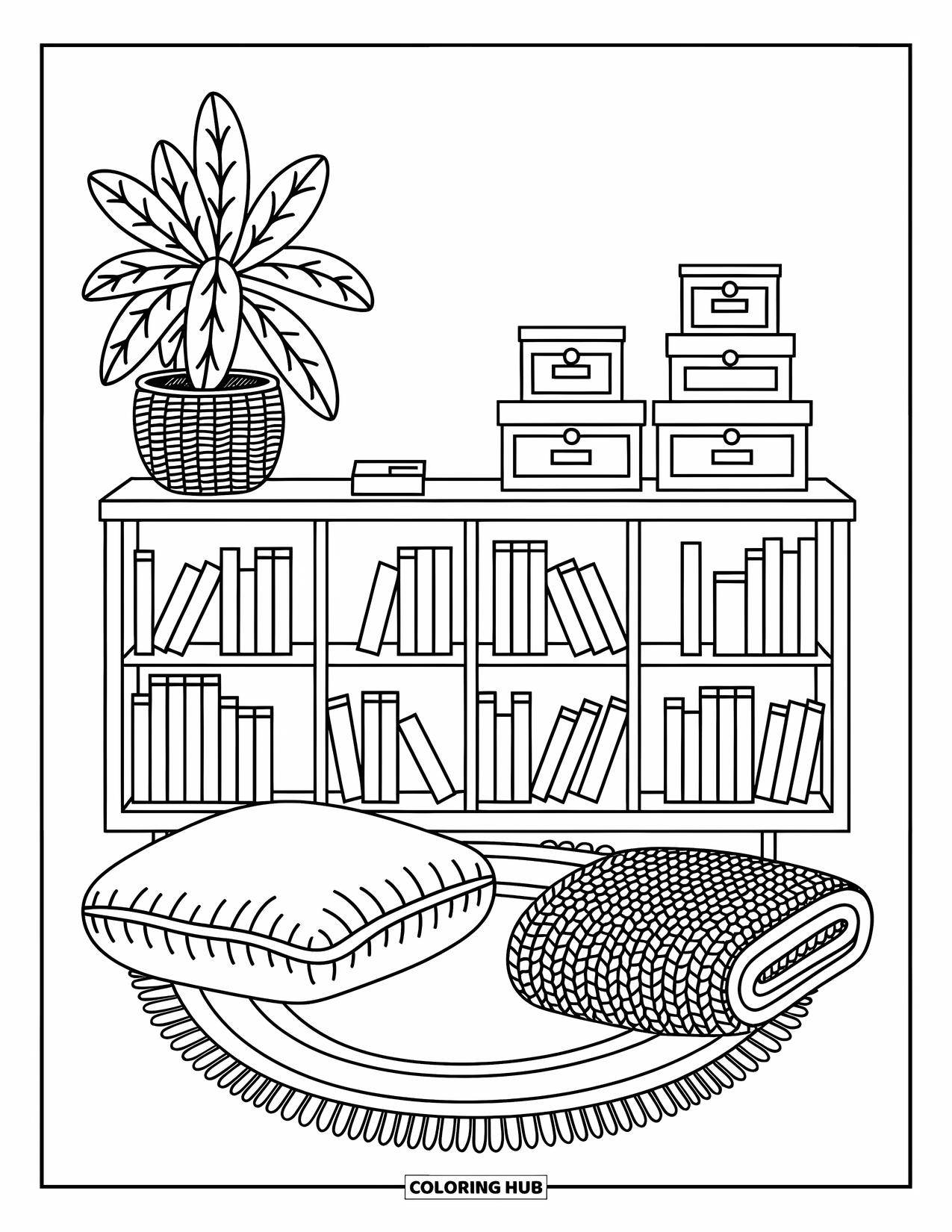 Bookshelf Coloring Page for Adults: Wide bookshelf with cubbies, leafy plant, labeled boxes, and a floor cushion setup
