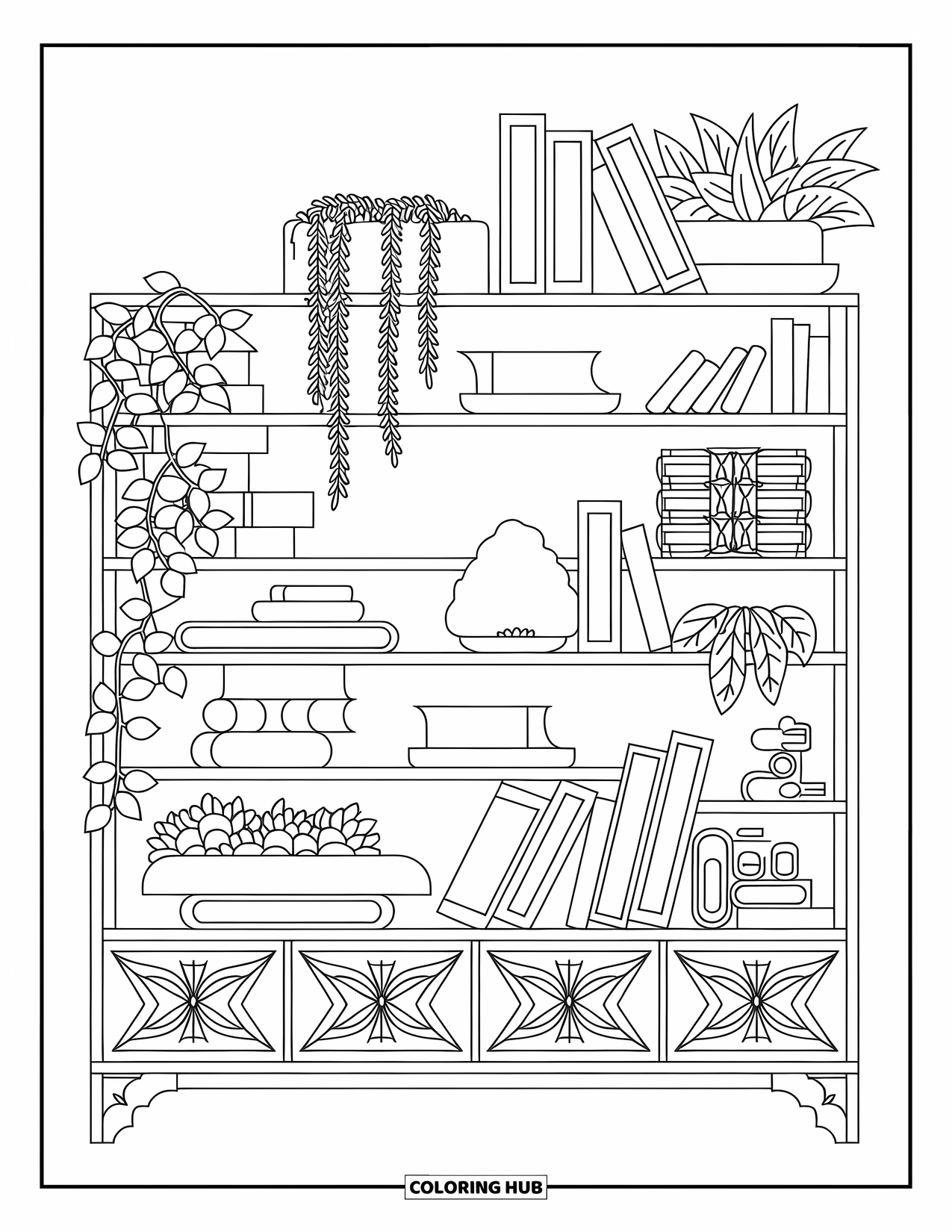 Bookshelf Coloring Page for Adults: Wide wooden shelf with books, plants, and a glowing salt lamp in a cute setup
