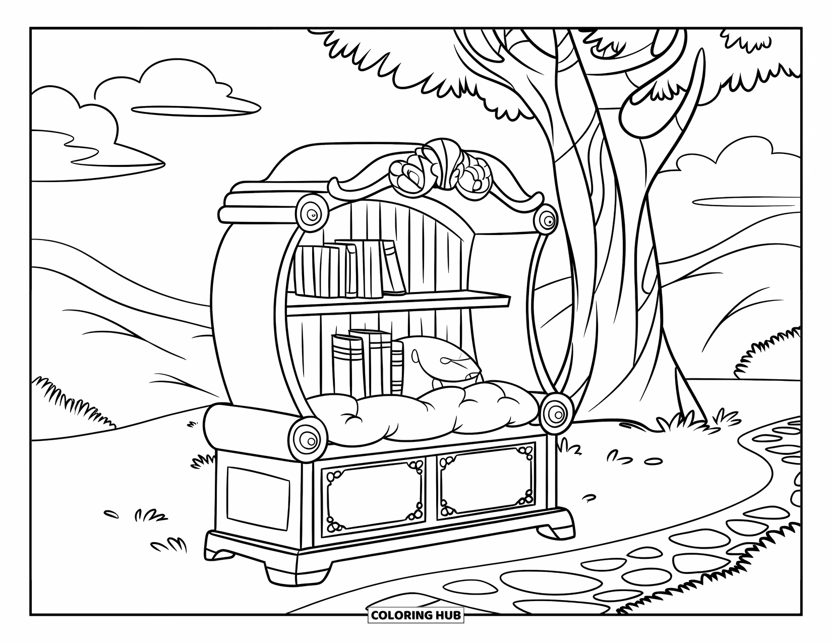 Bookshelf Coloring Page for Kids: Bench shelf filled with books and a soft seat under a tree
