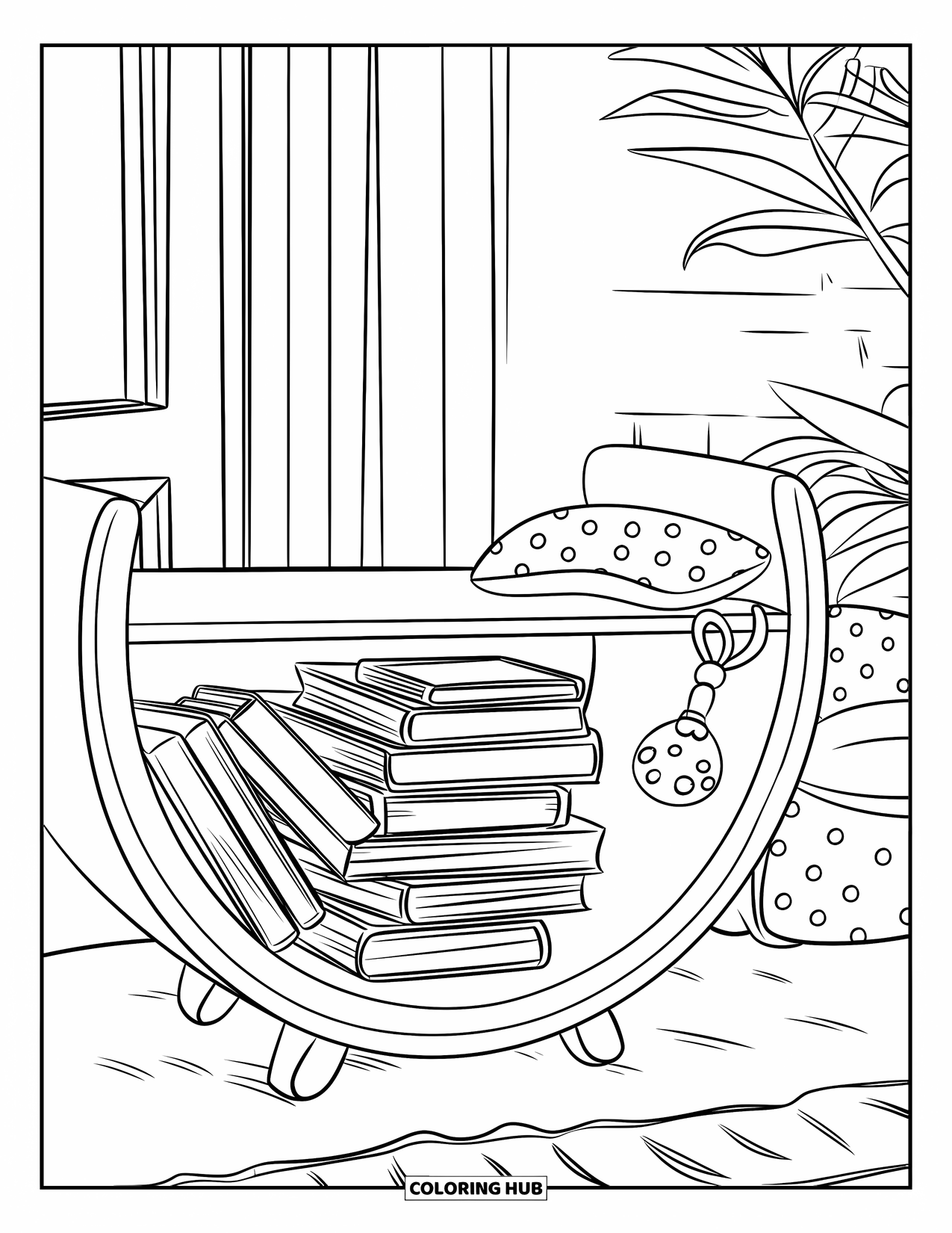 Bookshelf Coloring Page for Kids: Bookshelf by the window with books, pillow, rattle, and a plant nearby