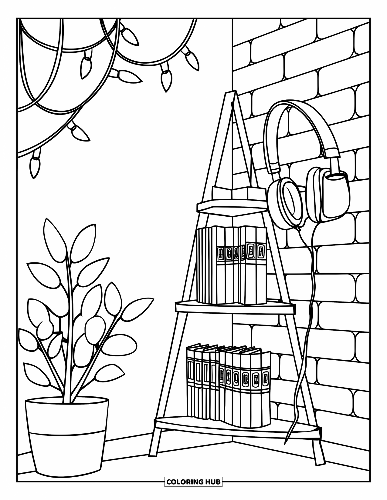 Bookshelf Coloring Page for Kids: Bookshelf corner with manga, fairy lights, and a leafy plant