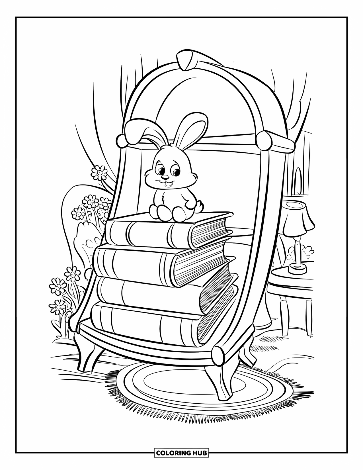 Bookshelf Coloring Page for Kids: Bookshelf with big books, bunny, rug, flowers, and a nearby chair