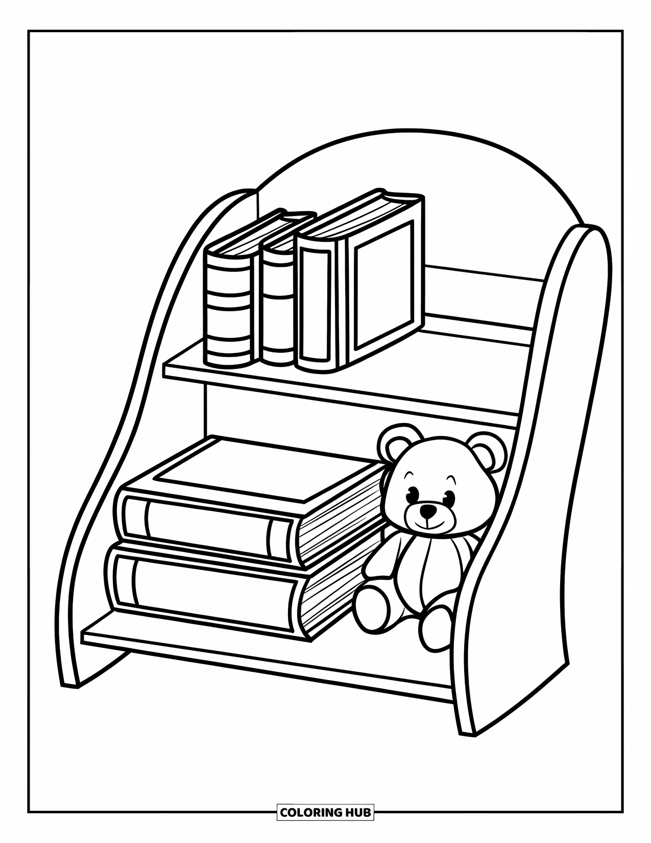 Bookshelf Coloring Page for Kids: Bookshelf with large books and a teddy bear resting on the bottom shelf