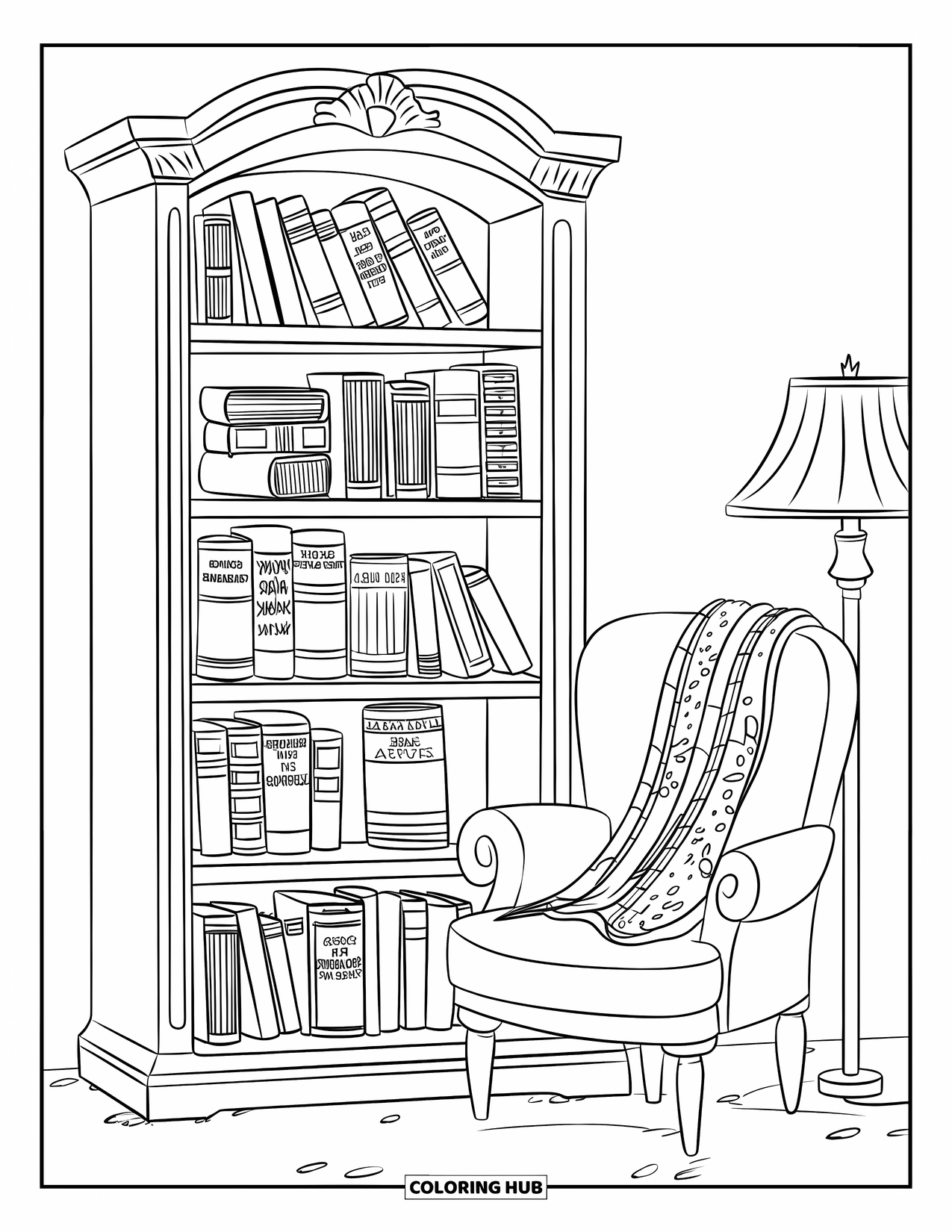 Bookshelf Coloring Page for Kids: Bookshelf with stories and a scarf draped over a cozy chair