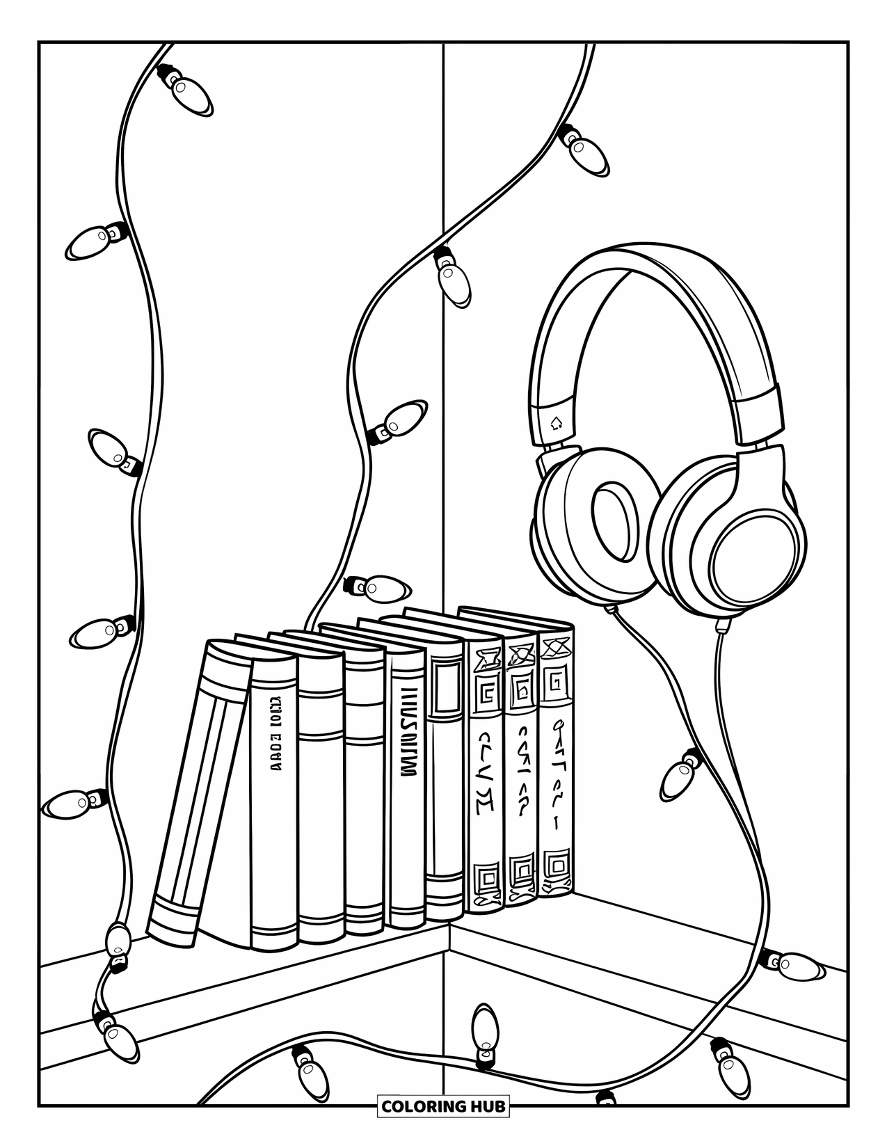 Bookshelf Coloring Page for Kids: Corner shelf with manga, headphones, and fairy lights