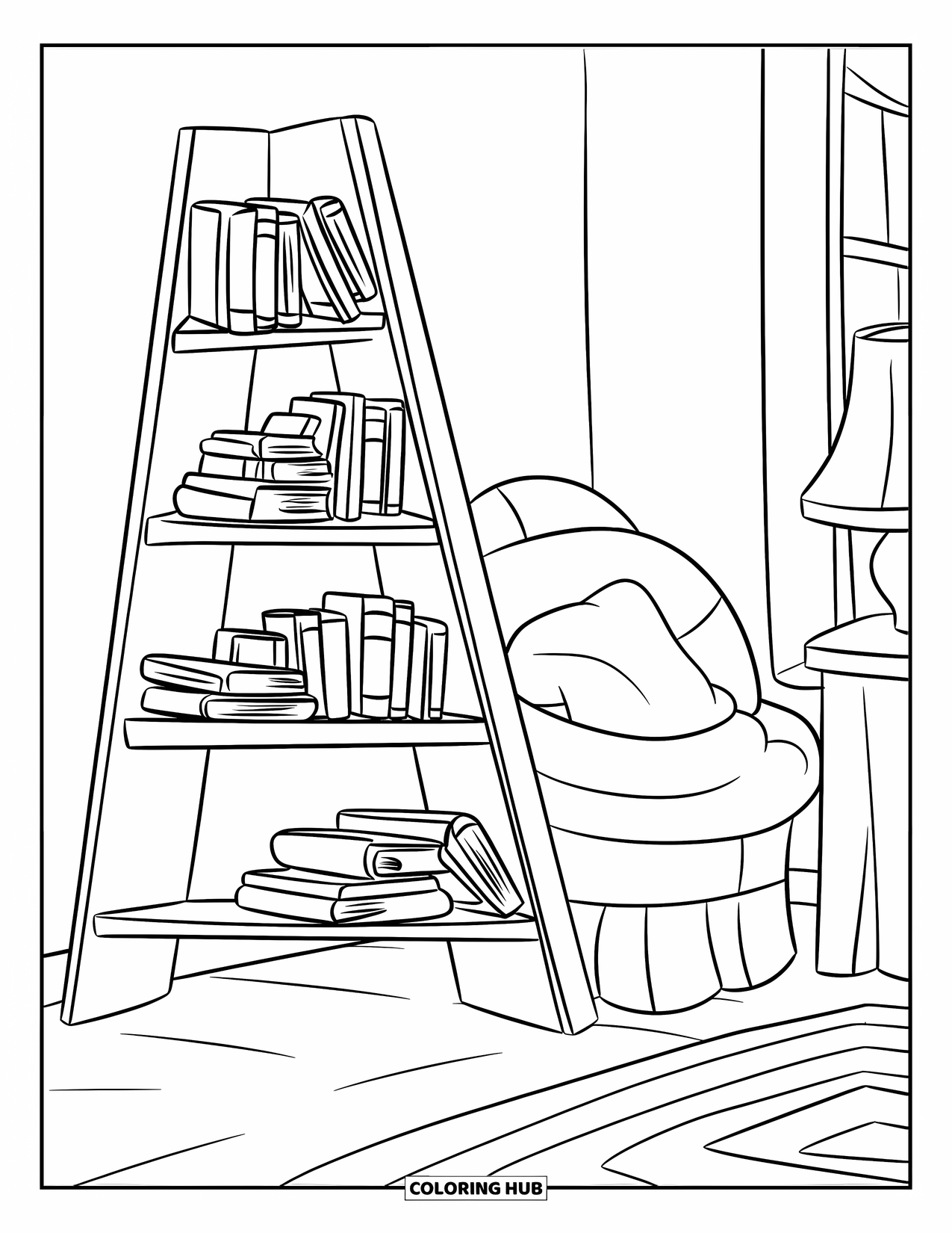 Bookshelf Coloring Page for Kids: Cozy corner with a tiered bookshelf, leaning books, cushion, rug, and a lamp
