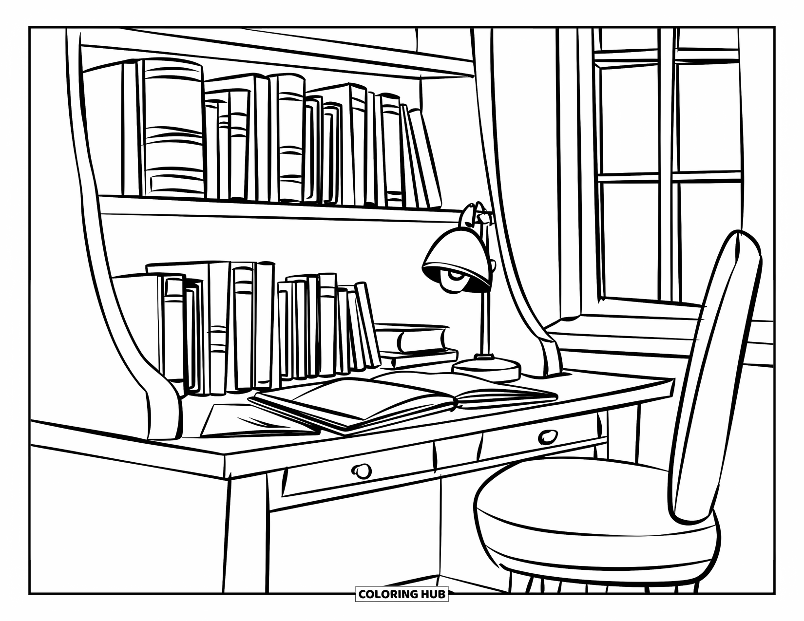 Bookshelf Coloring Page for Kids: Desk with textbooks, a calming lamp, and a comfy chair by the window