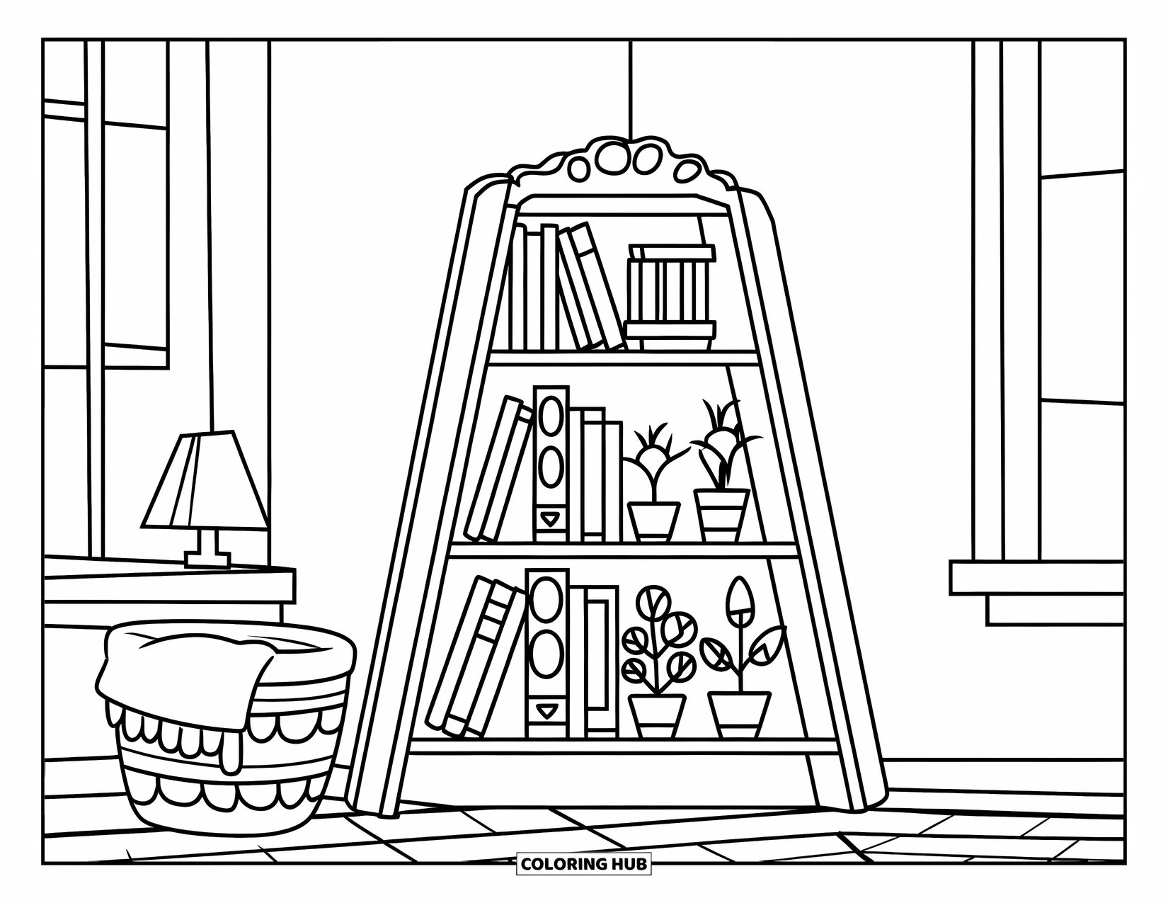 Bookshelf Coloring Page for Kids: Fairy tale corner shelf with plants, books, and a blanket basket