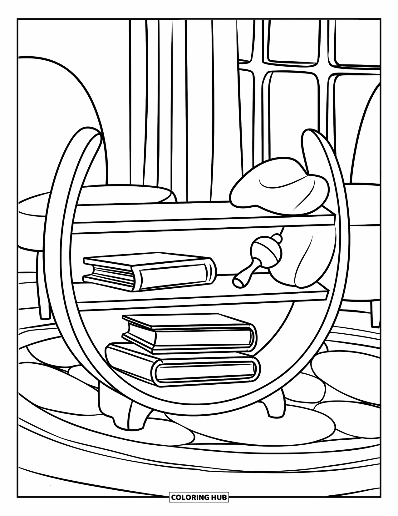 Bookshelf Coloring Page for Kids: Half-moon bookshelf with books, pillow, rattle, rug, and a window with curtains