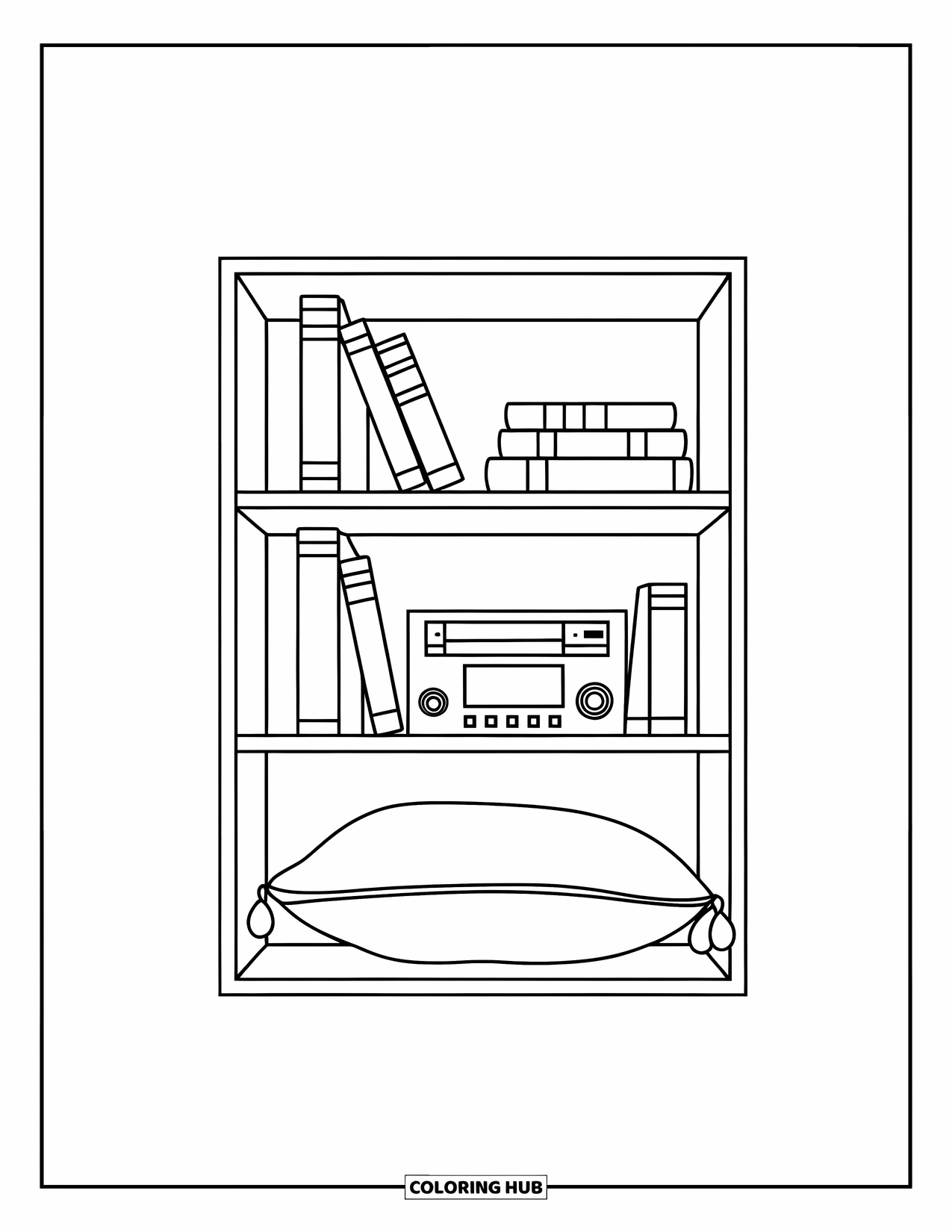 Bookshelf Coloring Page for Kids: Minimalist cube shelf with poetry books, stereo, and pillow