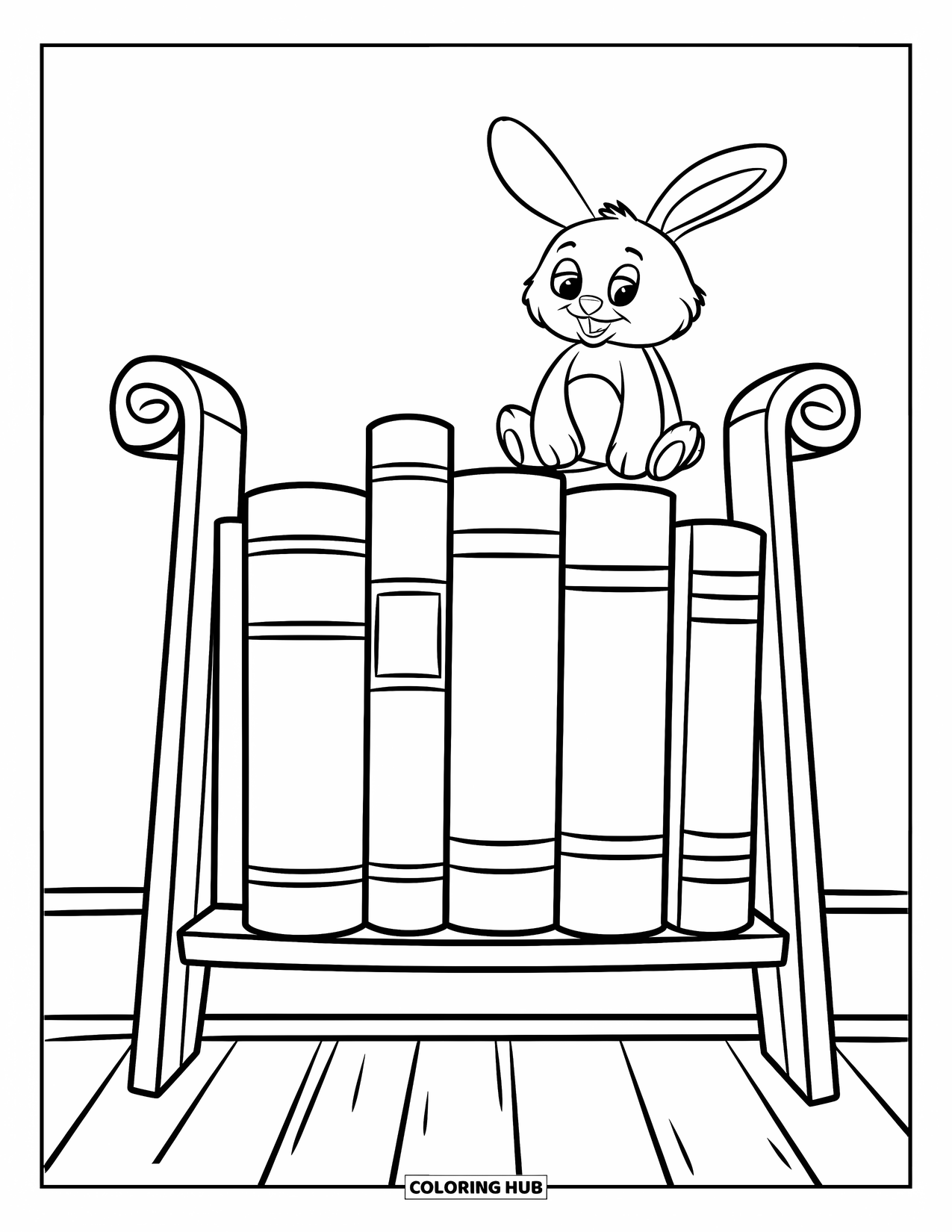 Bookshelf Coloring Page for Kids: Narrow bookshelf with big books and a stuffed bunny in a playful setup