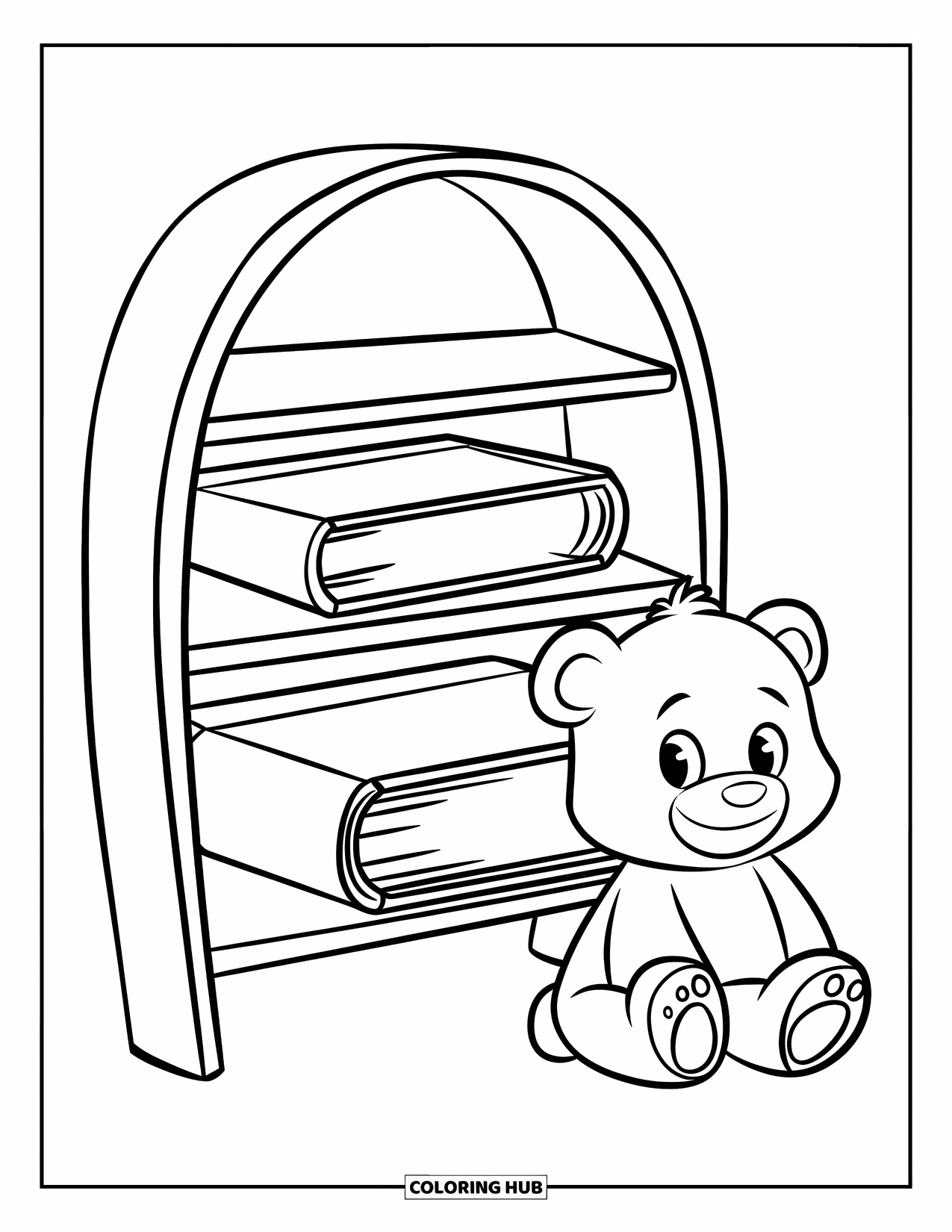 Bookshelf Coloring Page for Kids: Rounded bookshelf with big books and a teddy bear sitting beside it