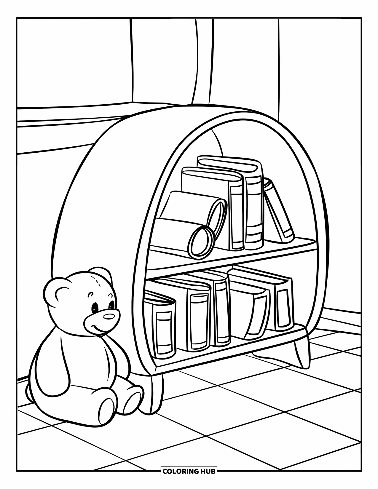 Bookshelf Coloring Page for Kids: Rounded bookshelf with three shelves and a teddy bear on a checkered floor