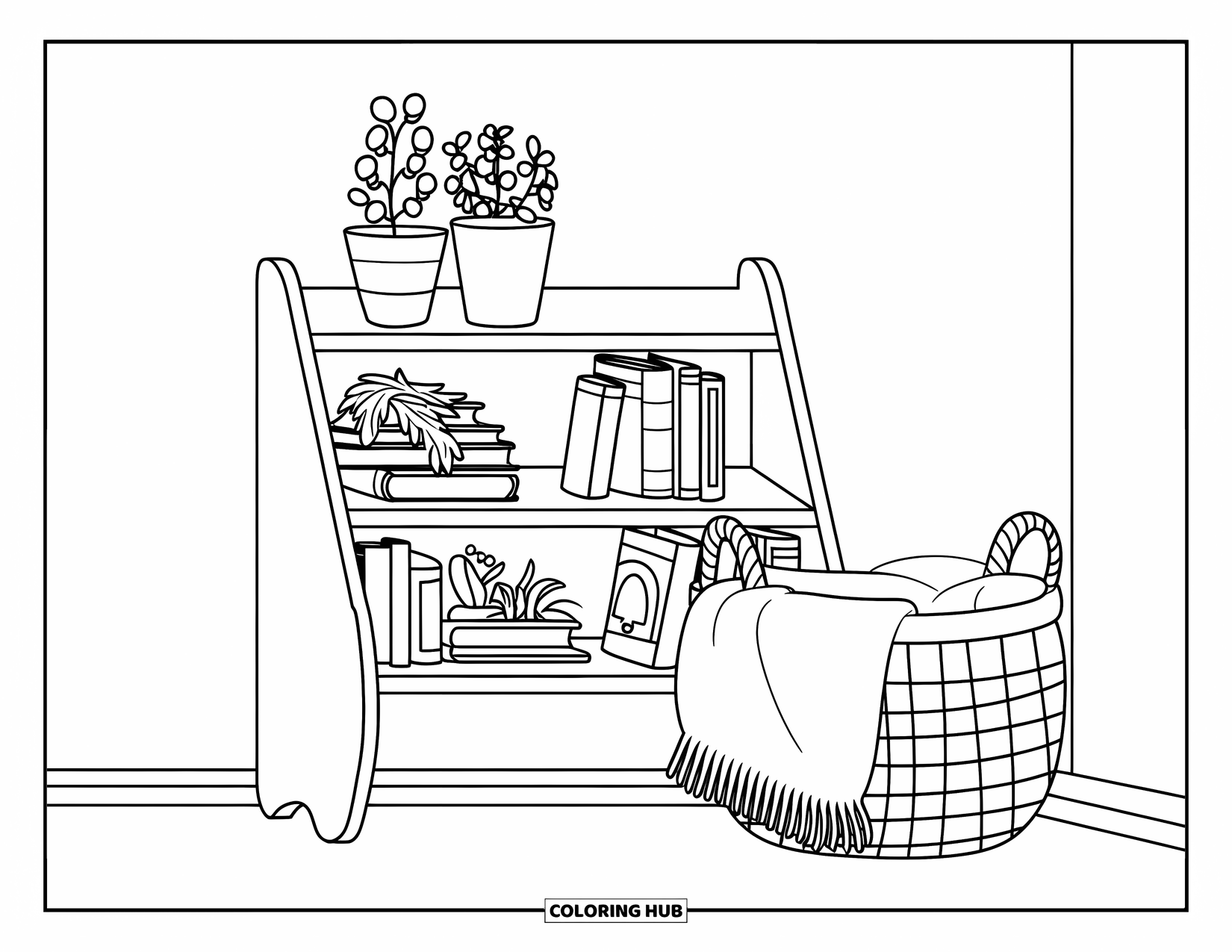 Bookshelf Coloring Page for Kids: Shelf of fairy tales with plants and a cozy blanket nearby