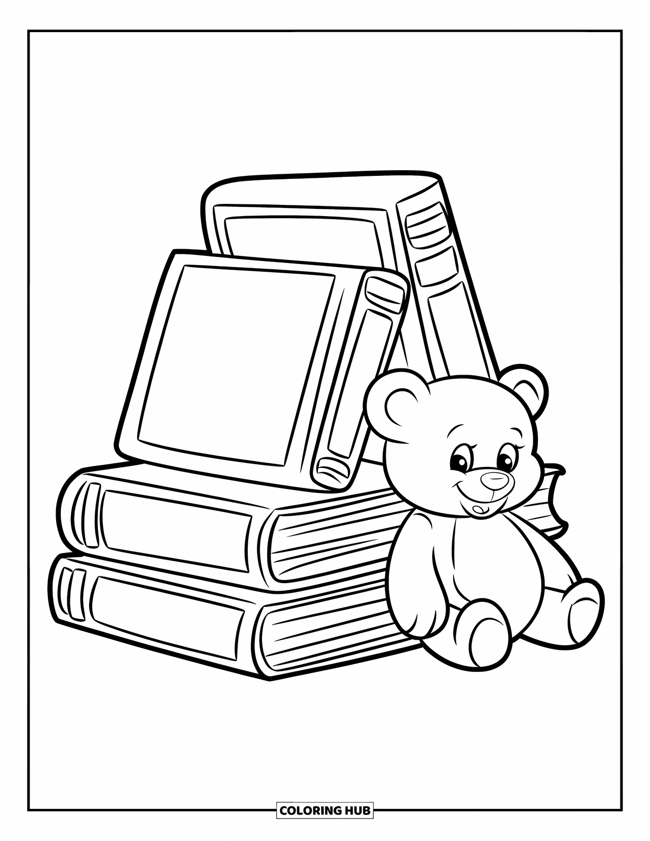 Bookshelf Coloring Page for Kids: Short rounded shelf with big books and a teddy bear beside it