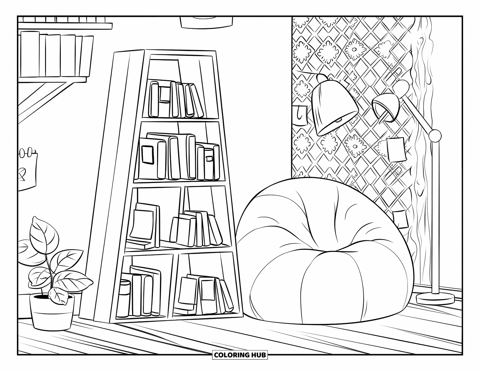 Bookshelf Coloring Page for Kids: Tall shelf and bean bag with books, notes, a lamp, and a potted plant