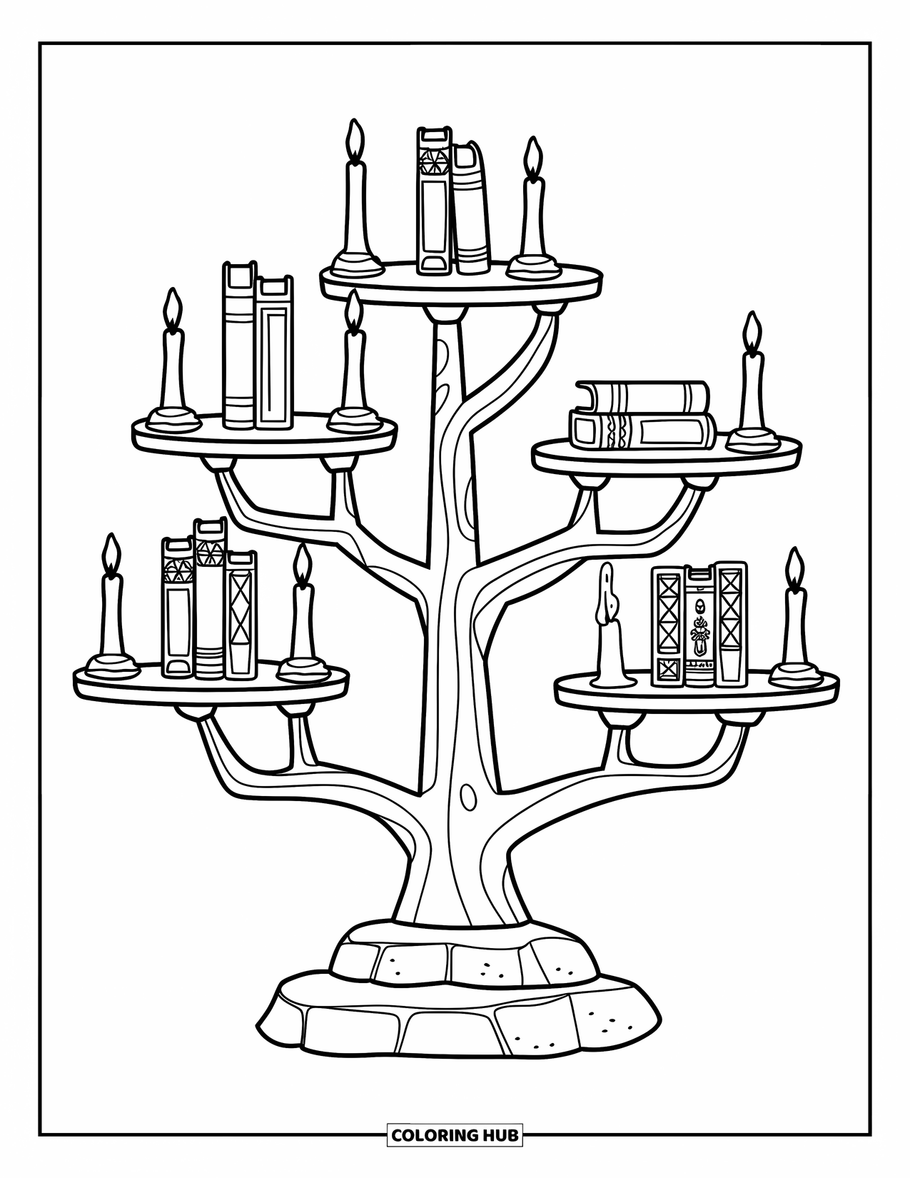 Bookshelf Coloring Page for Kids: Tree-branch shelf holding fantasy books and candles