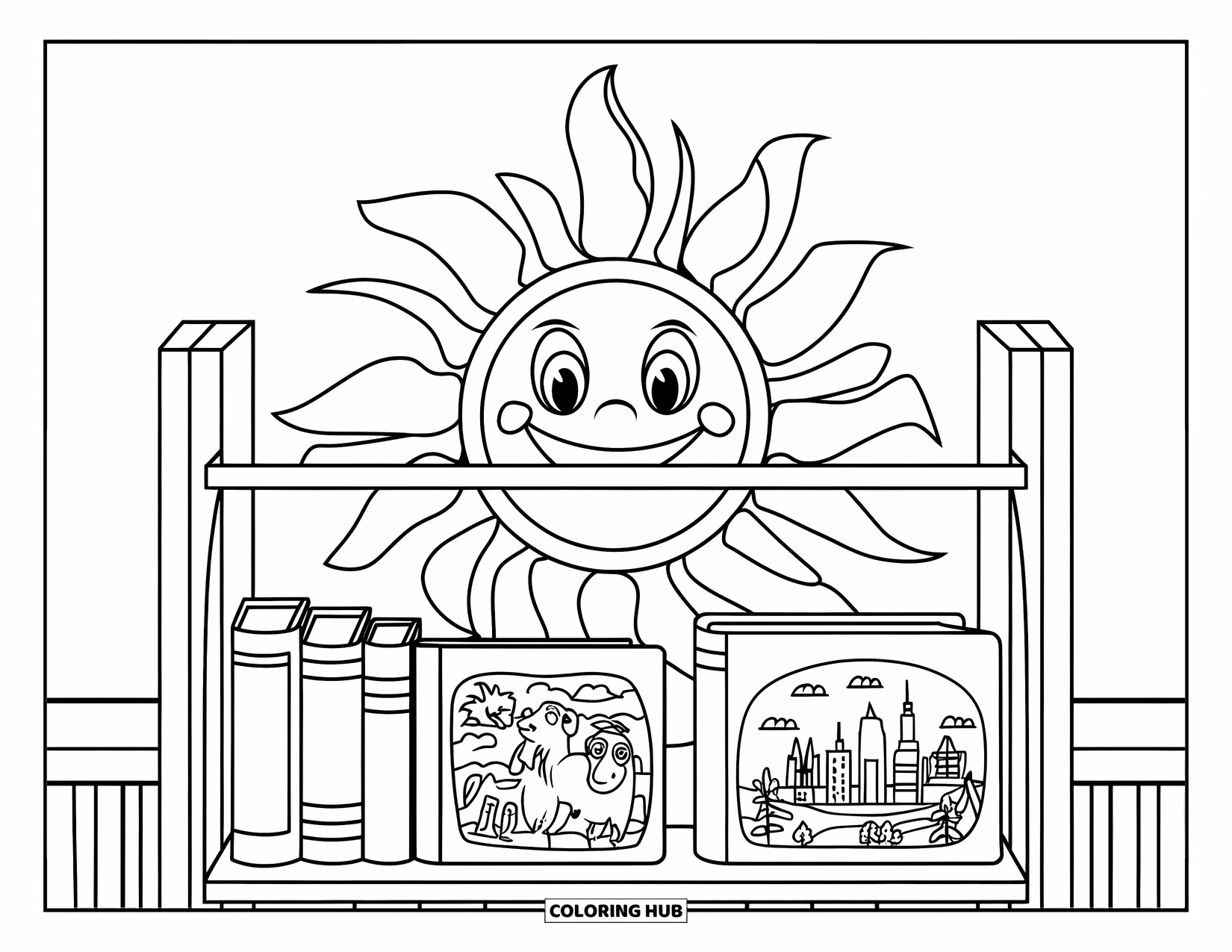 Bookshelf Coloring Page for Kids: Two-shelf book unit with a happy sun and fun book covers