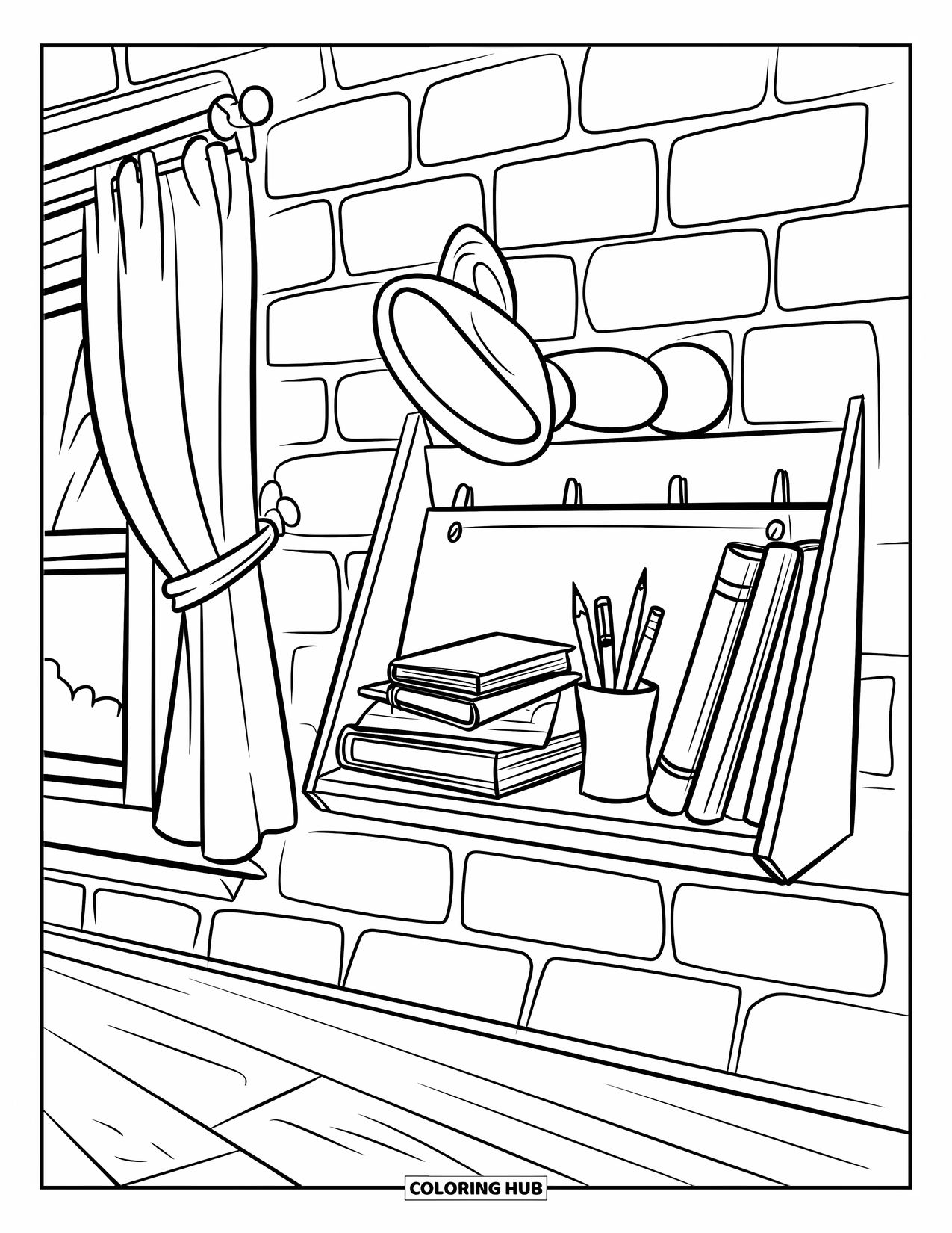 Bookshelf Coloring Page for Kids: Wall-mounted shelf with sketchbooks, lamp, and a cozy curtain view