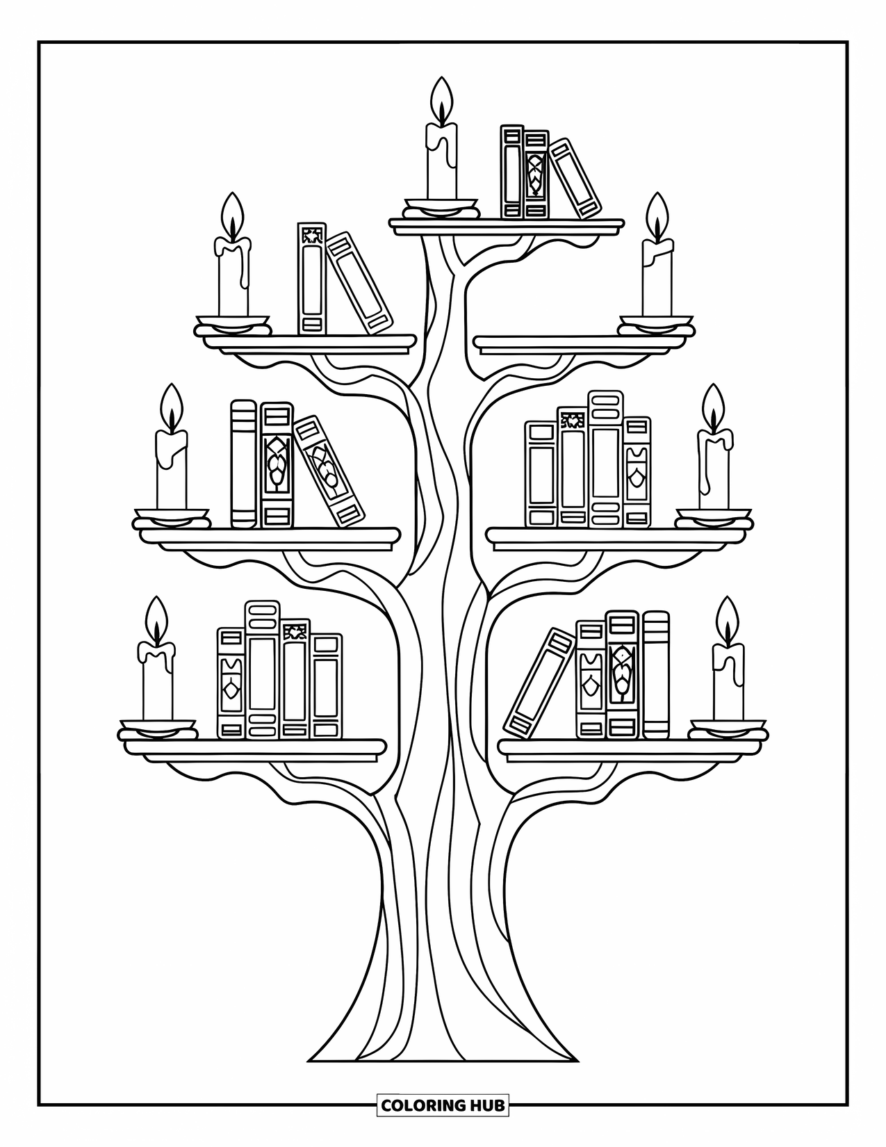 Bookshelf Coloring Page for Kids: Whimsical tree shelf with books and glowing candles
