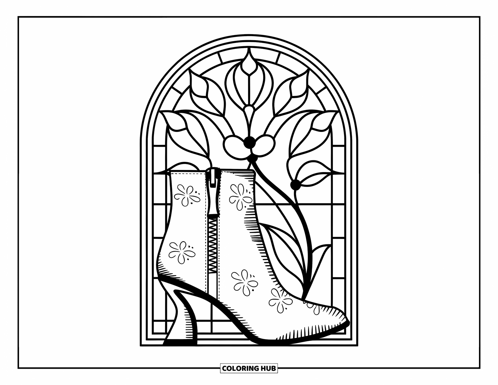 Boots Coloring Page for Adults: Ankle boot with curved heel framed by a stained glass floral arch
