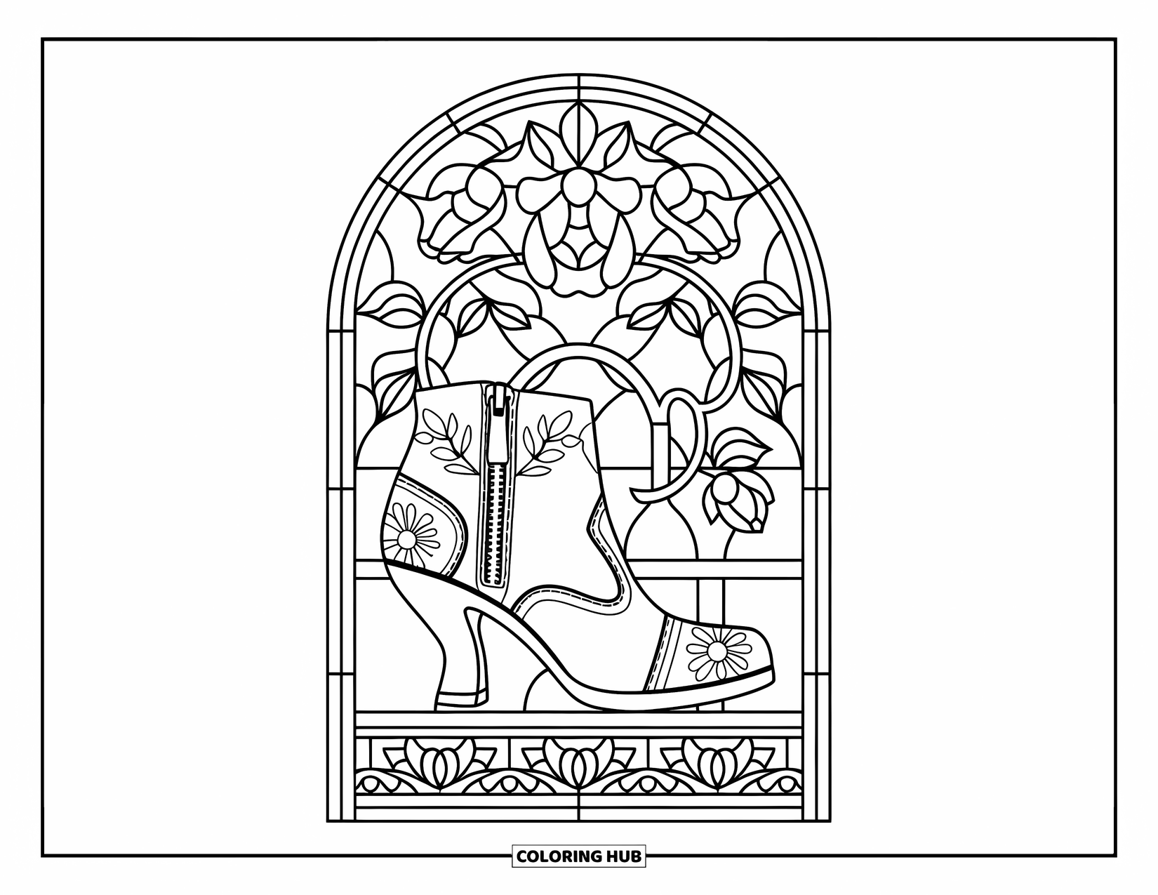 Boots Coloring Page for Adults: Ankle boot with curved heel framed by roses and vines in stained glass