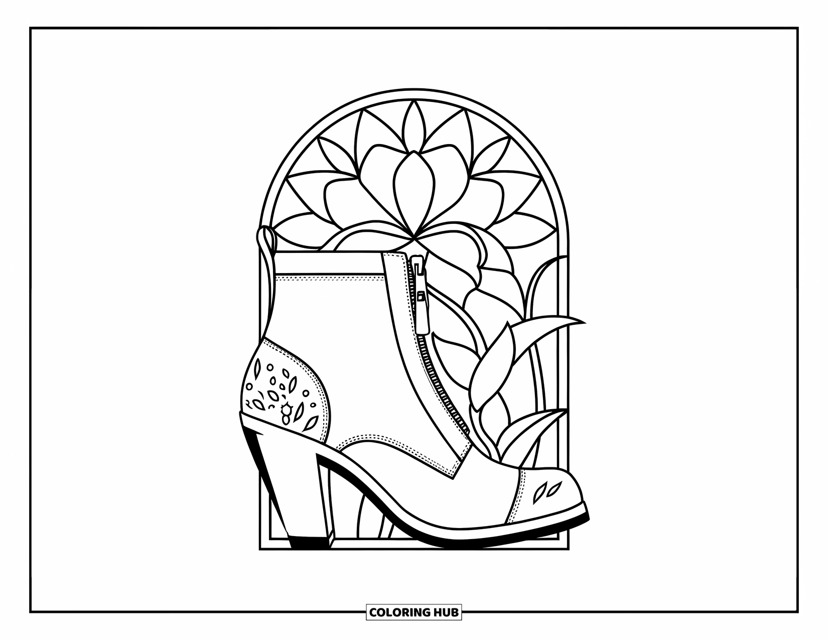 Boots Coloring Page for Adults: Ankle boot with zipper in a stained glass floral arch on white background