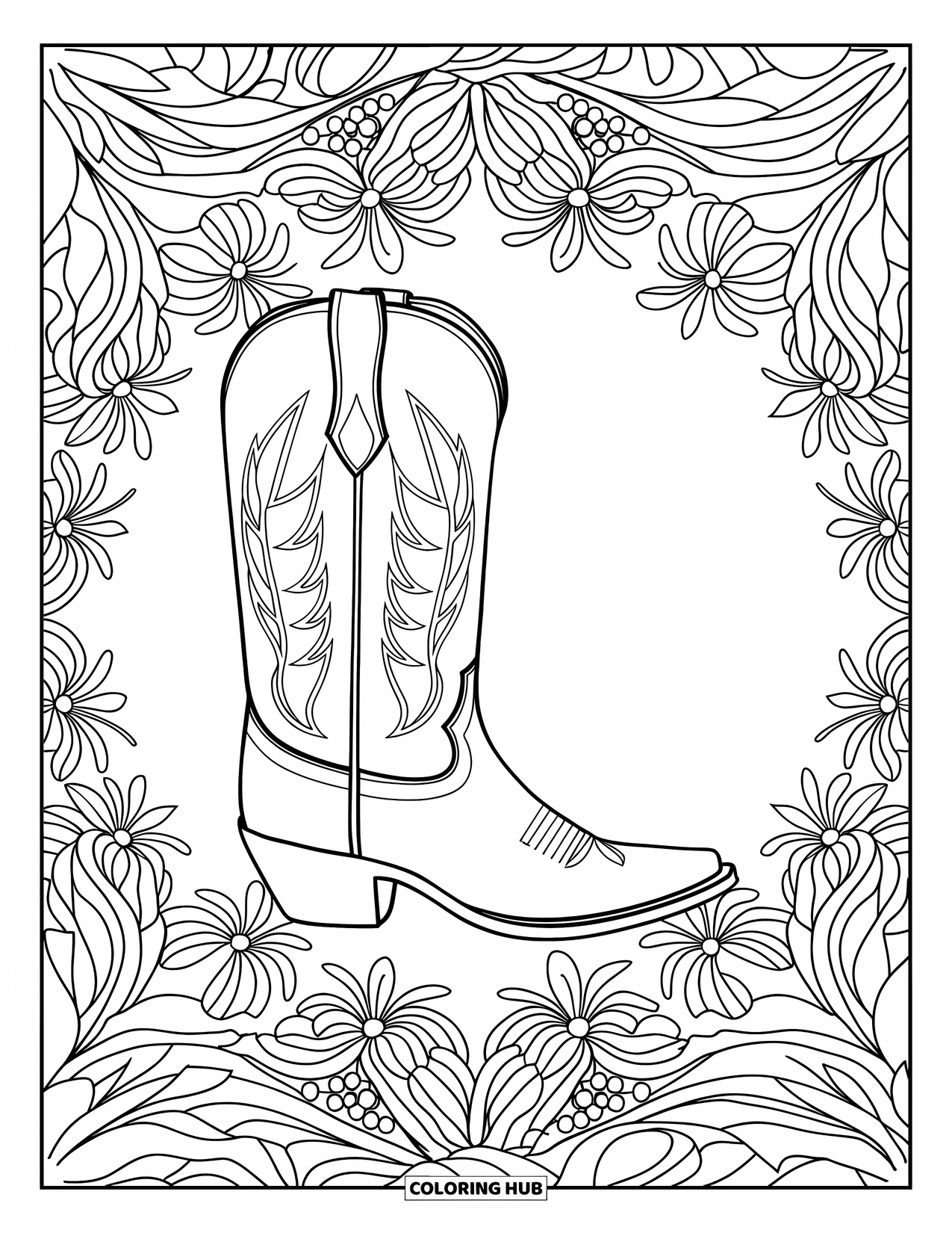 Boots Coloring Page for Adults: Cowboy boot with floral stitching in a filled botanical mandala