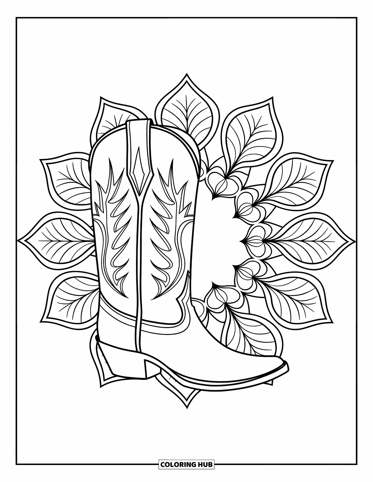 Boots Coloring Page for Adults: Cowboy boot with floral stitching inside a botanical mandala on white