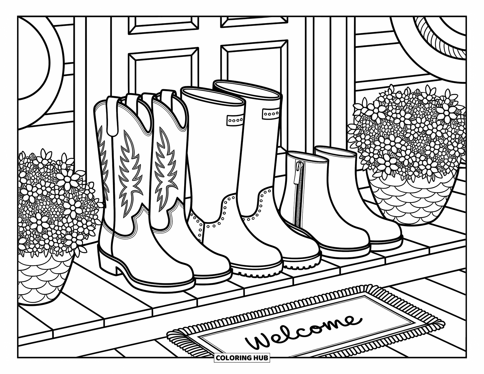 Boots Coloring Page for Adults: Cowboy, rain, and ankle boots on a porch with flowers and a welcome mat