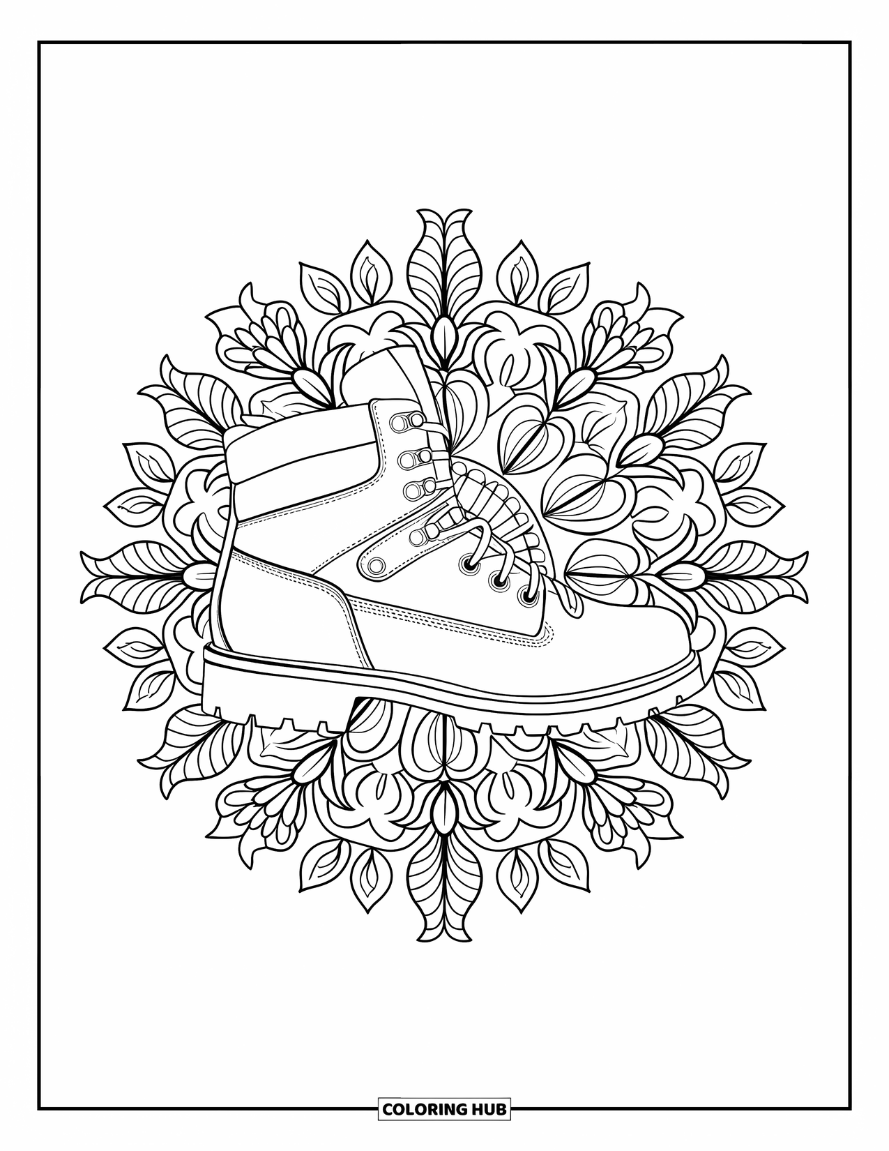 Boots Coloring Page for Adults: Hiking boot centered on a floral mandala of intertwined flowers and vines