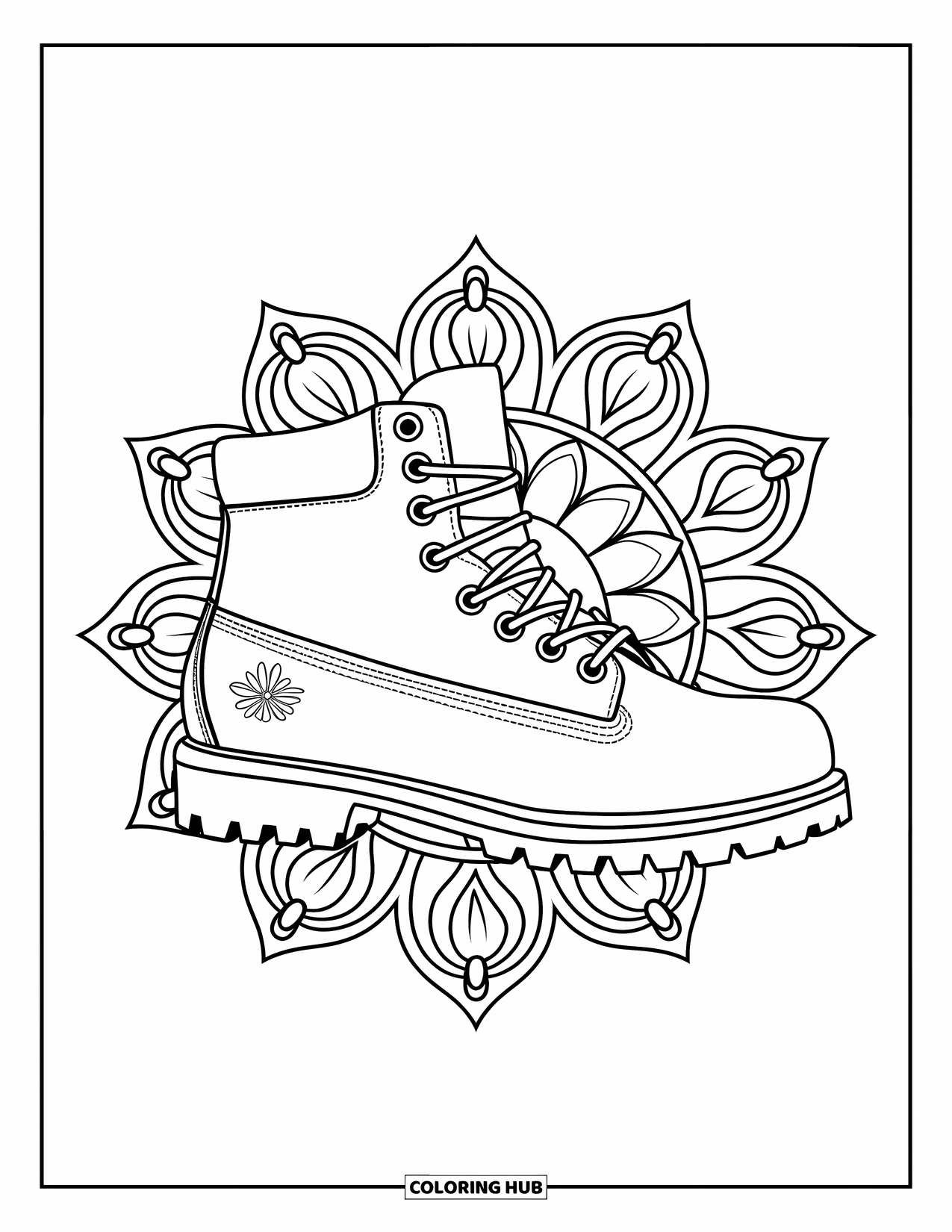 Boots Coloring Page for Adults: Hiking boot with floral mandala on a white background