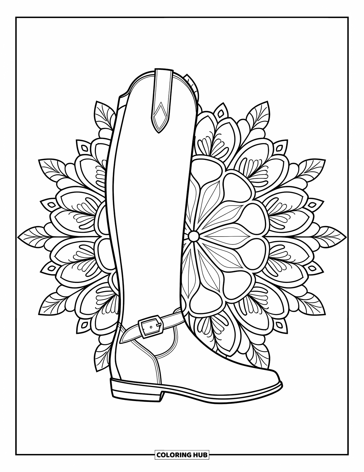 Boots Coloring Page for Adults: Knee-high riding boot centered on a botanical mandala