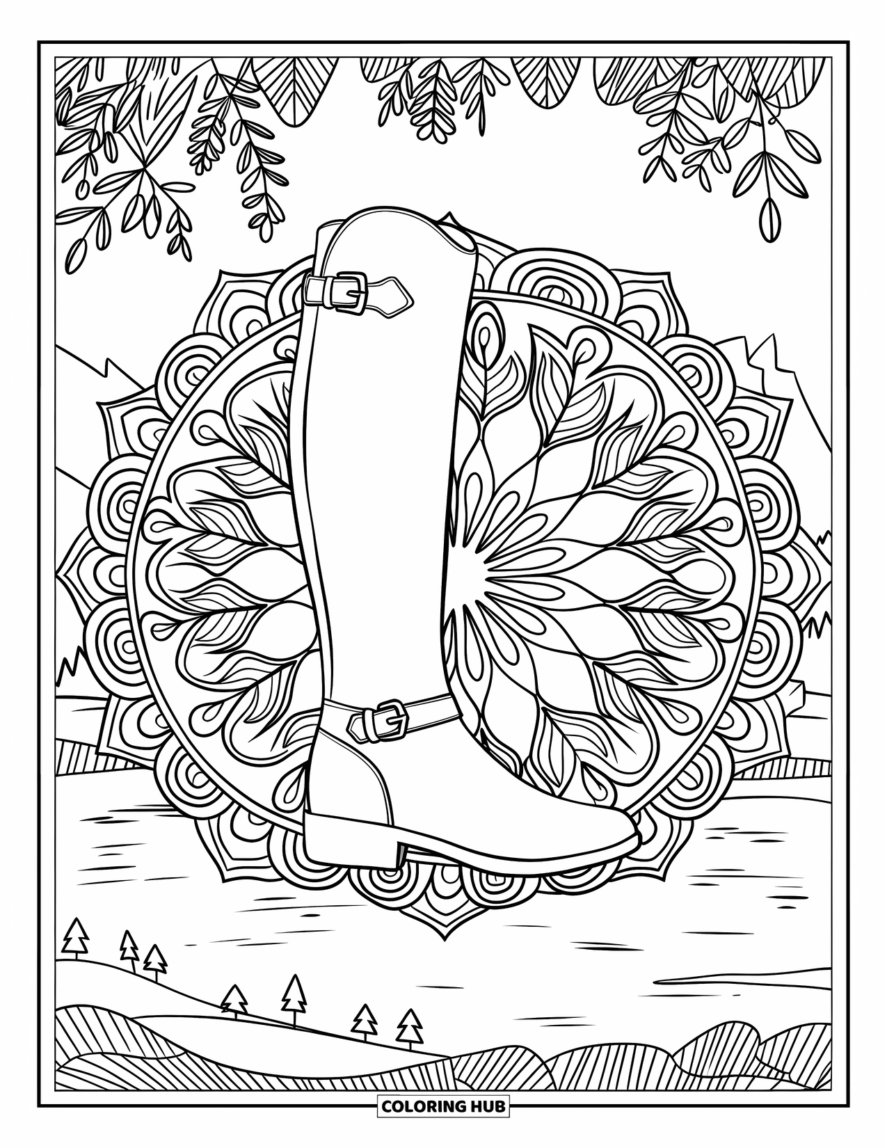Boots Coloring Page for Adults: Knee-high riding boot on a mandala with mountain and lake scenery