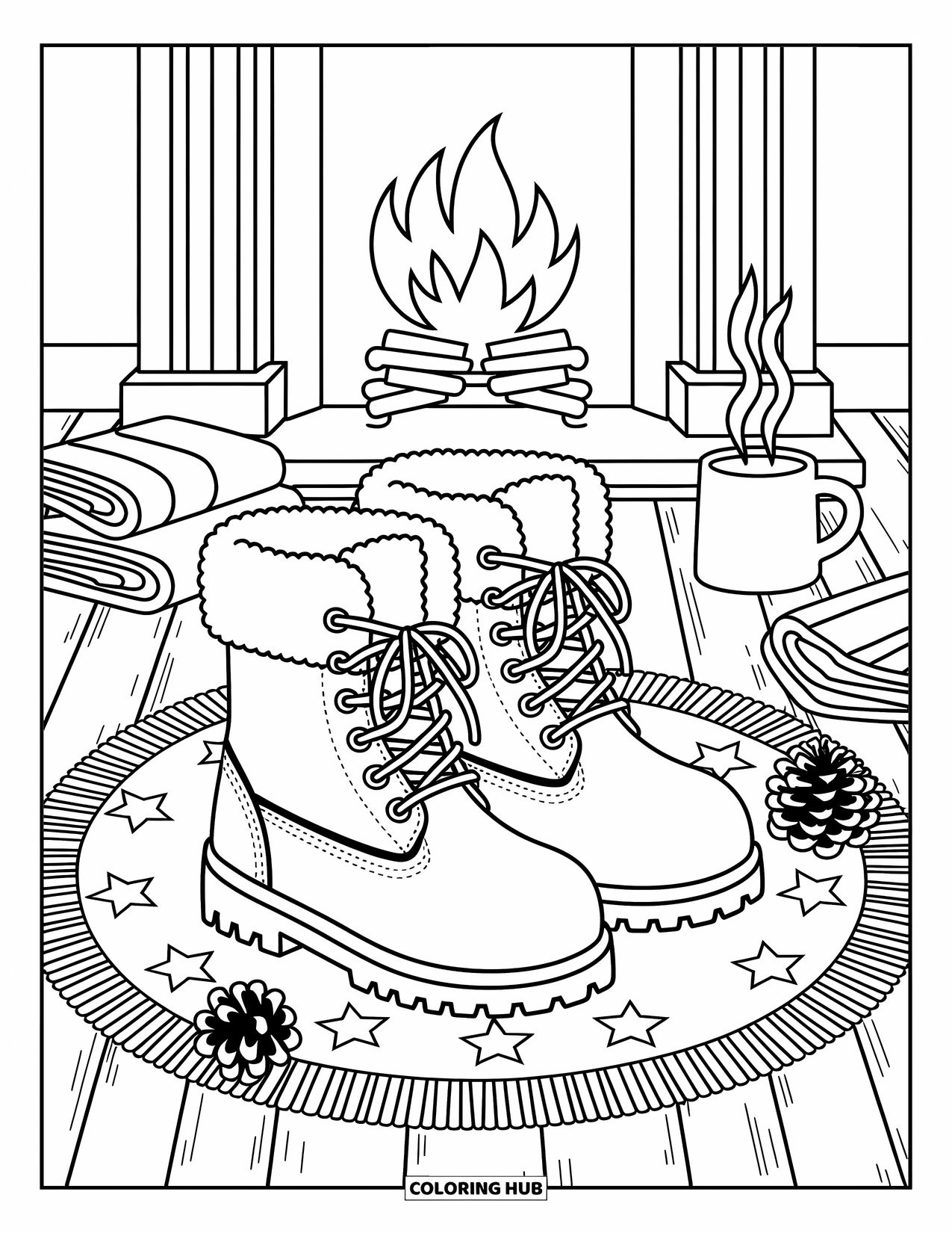 Boots Coloring Page for Adults: Quilted winter boots by a fireplace with scarves, pinecones, and mugs