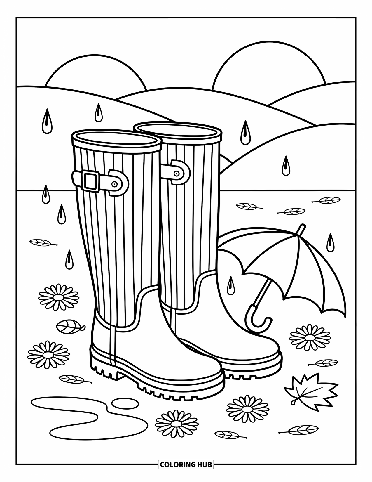 Boots Coloring Page for Adults: Rain boots with daisies, leaves, and umbrella by a puddle