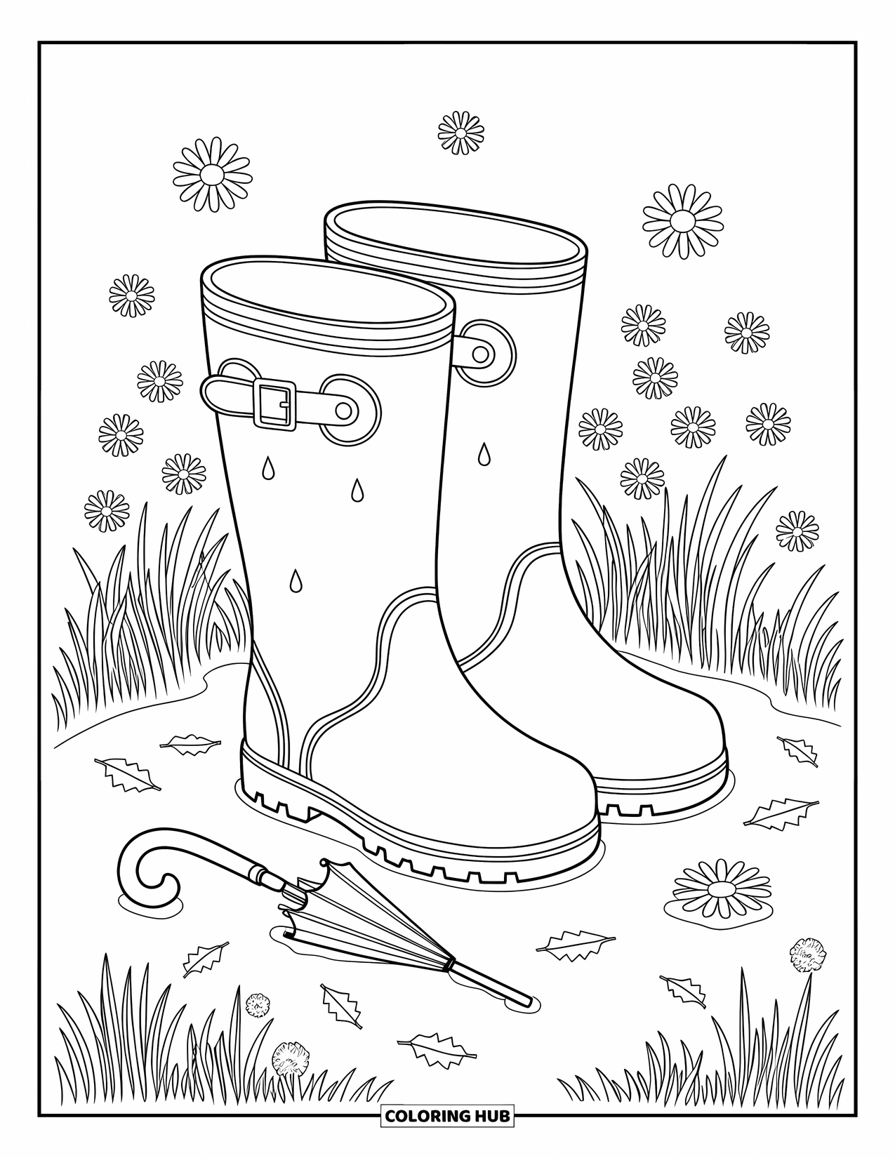 Boots Coloring Page for Adults: Tall rain boots with flowers, leaves, and umbrella on grass