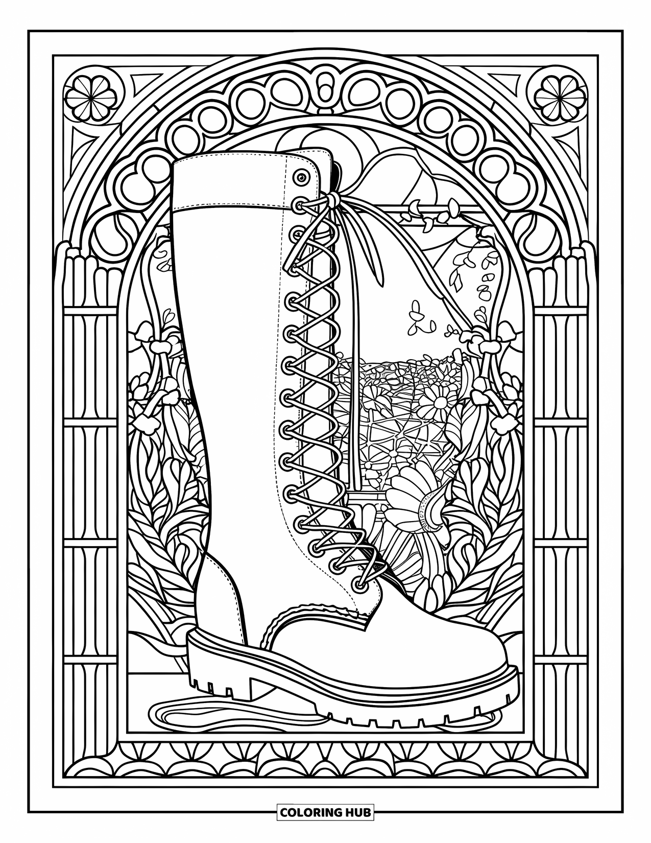 Boots Coloring Page for Adults: Victorian lace-up boot in stained glass with a lush garden background