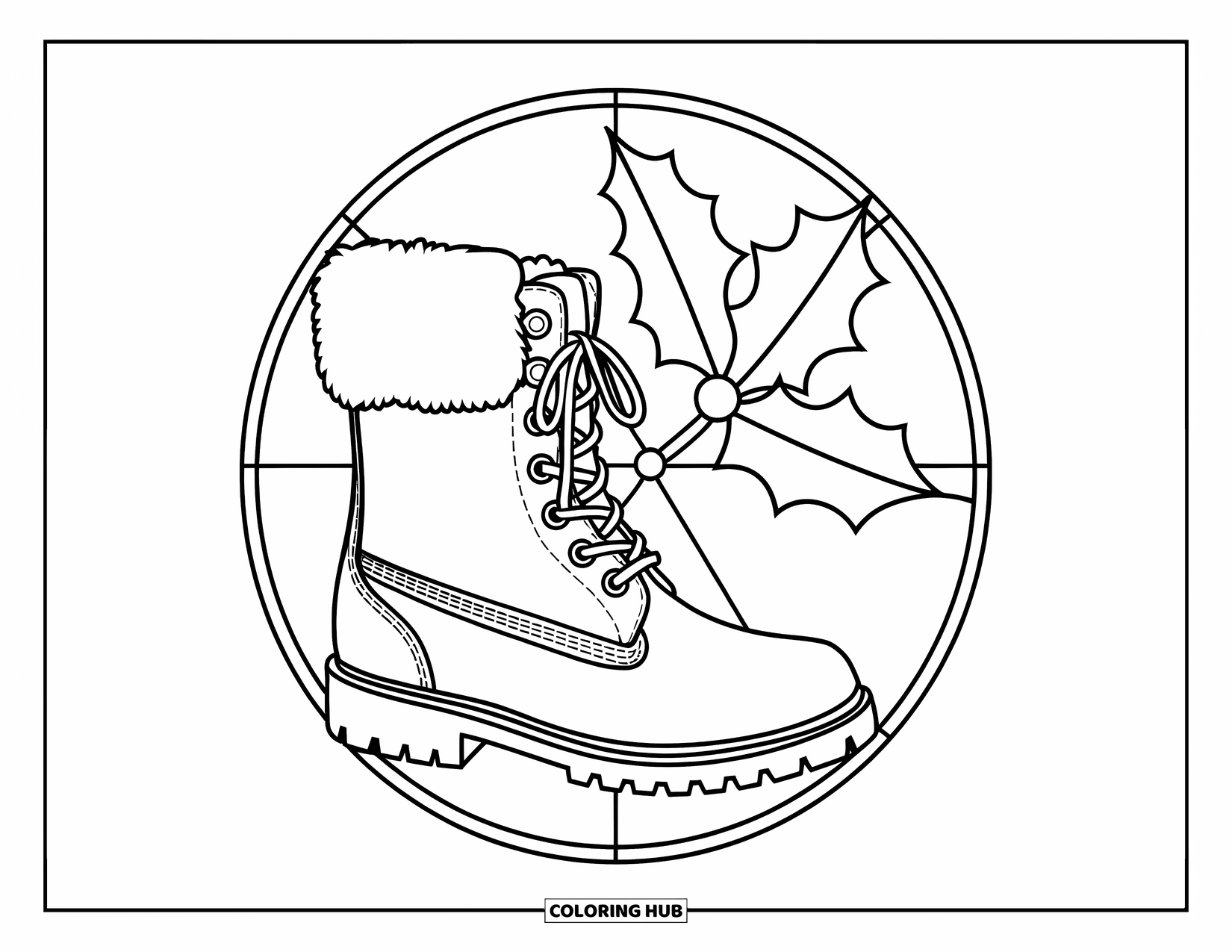 Boots Coloring Page for Adults: Winter boot encircled by holly leaf stained glass on a white background