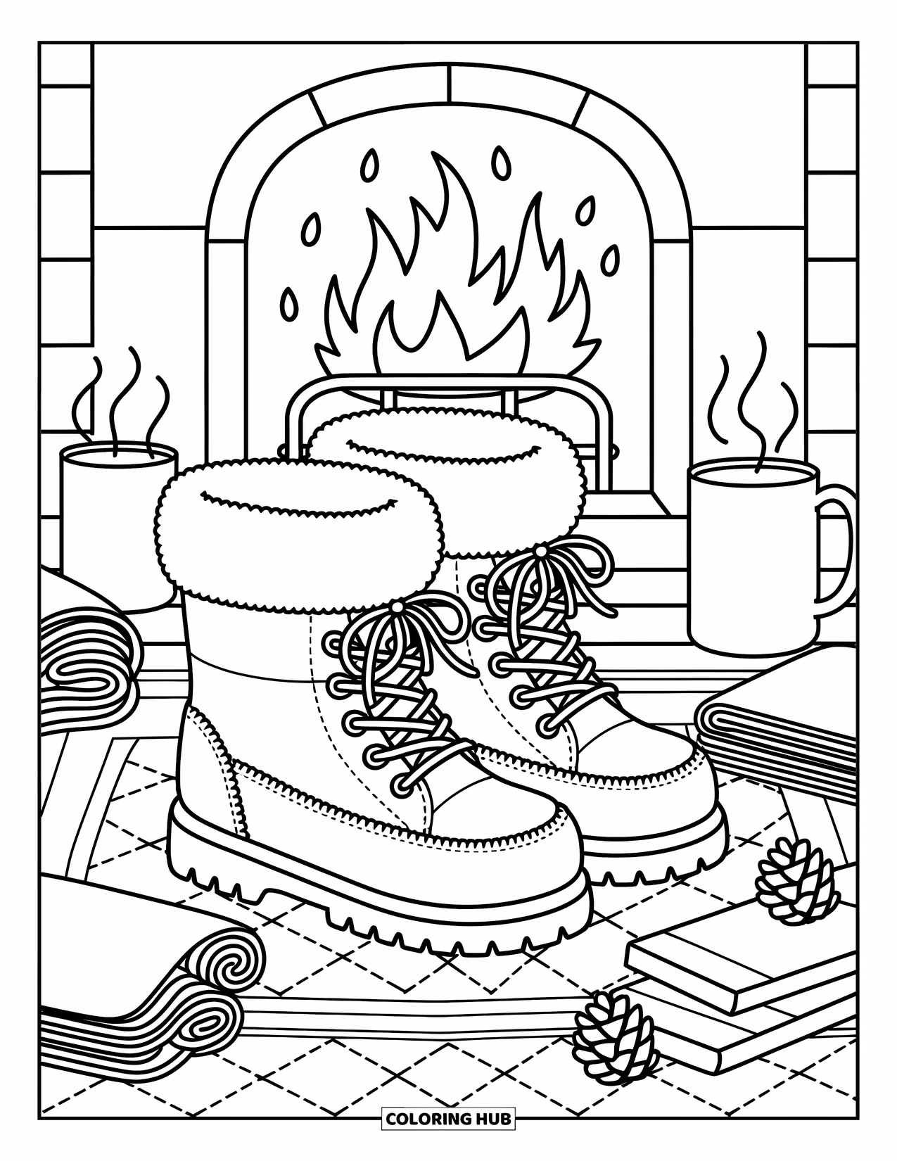 Boots Coloring Page for Adults: Winter boots on a rug before a fireplace with scarves and pinecones