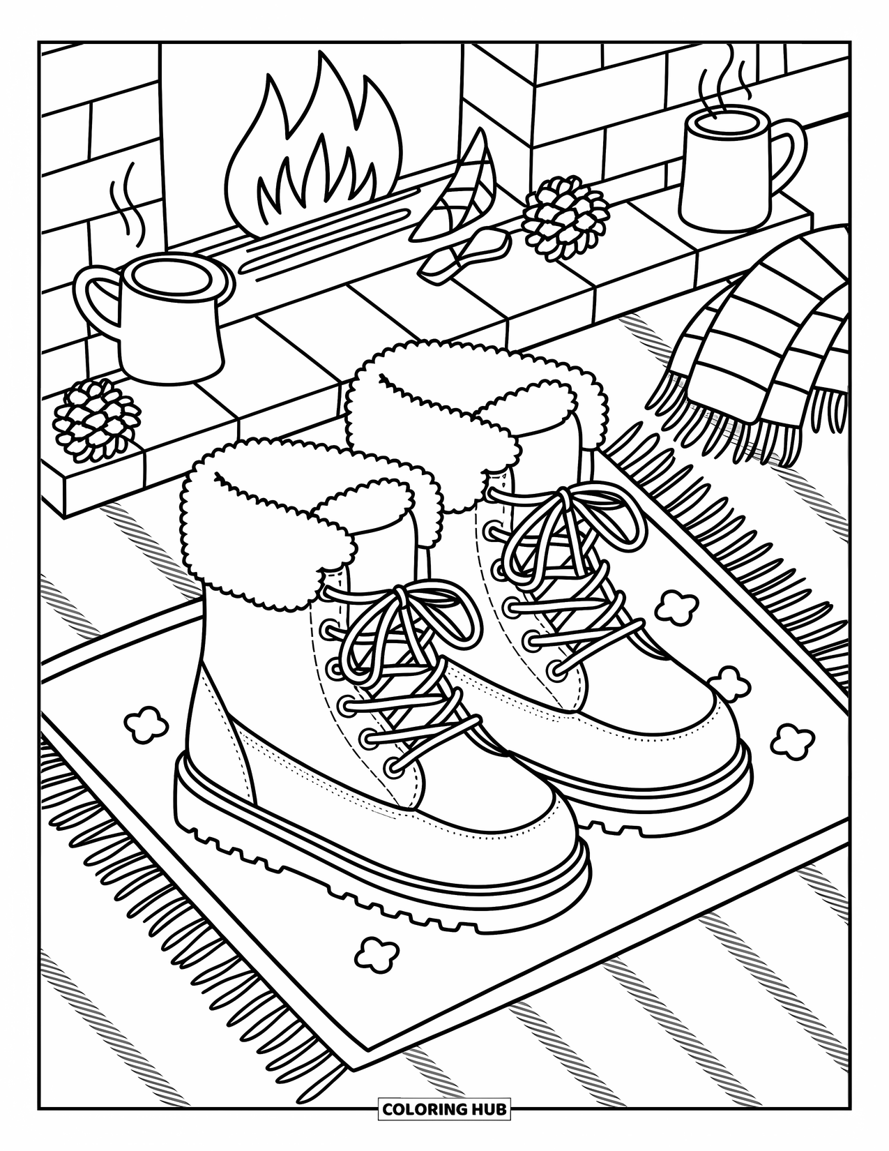 Boots Coloring Page for Adults: Winter boots with fluffy trim before a crackling fireplace and cozy decor
