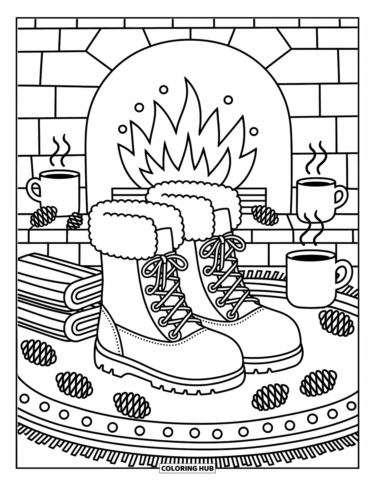 Boots Coloring Page for Adults: Winter boots with fluffy trim before a fireplace, scarves, pinecones, and mugs
