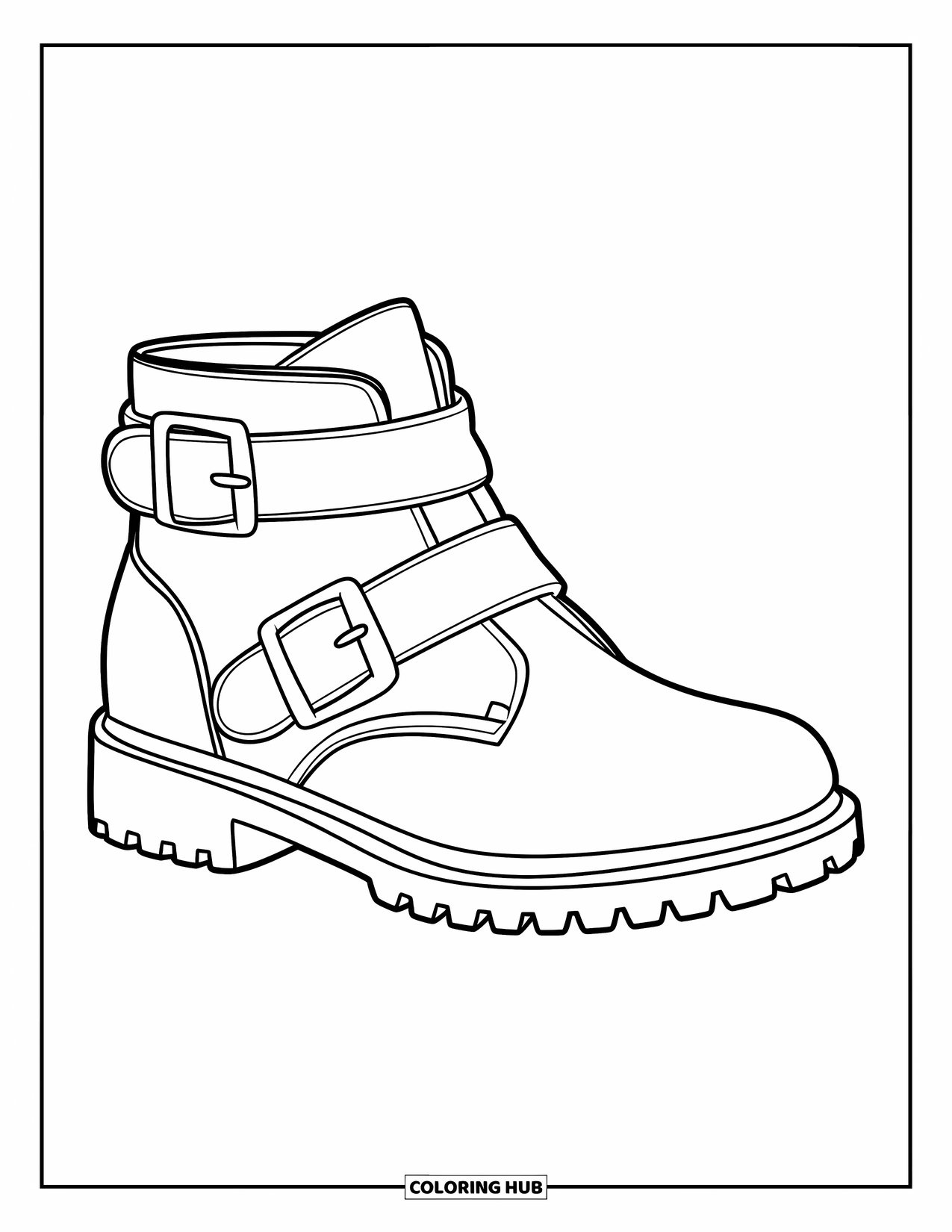 Boots Coloring Page for Kids: Ankle boot with oversized buckles and rounded toe