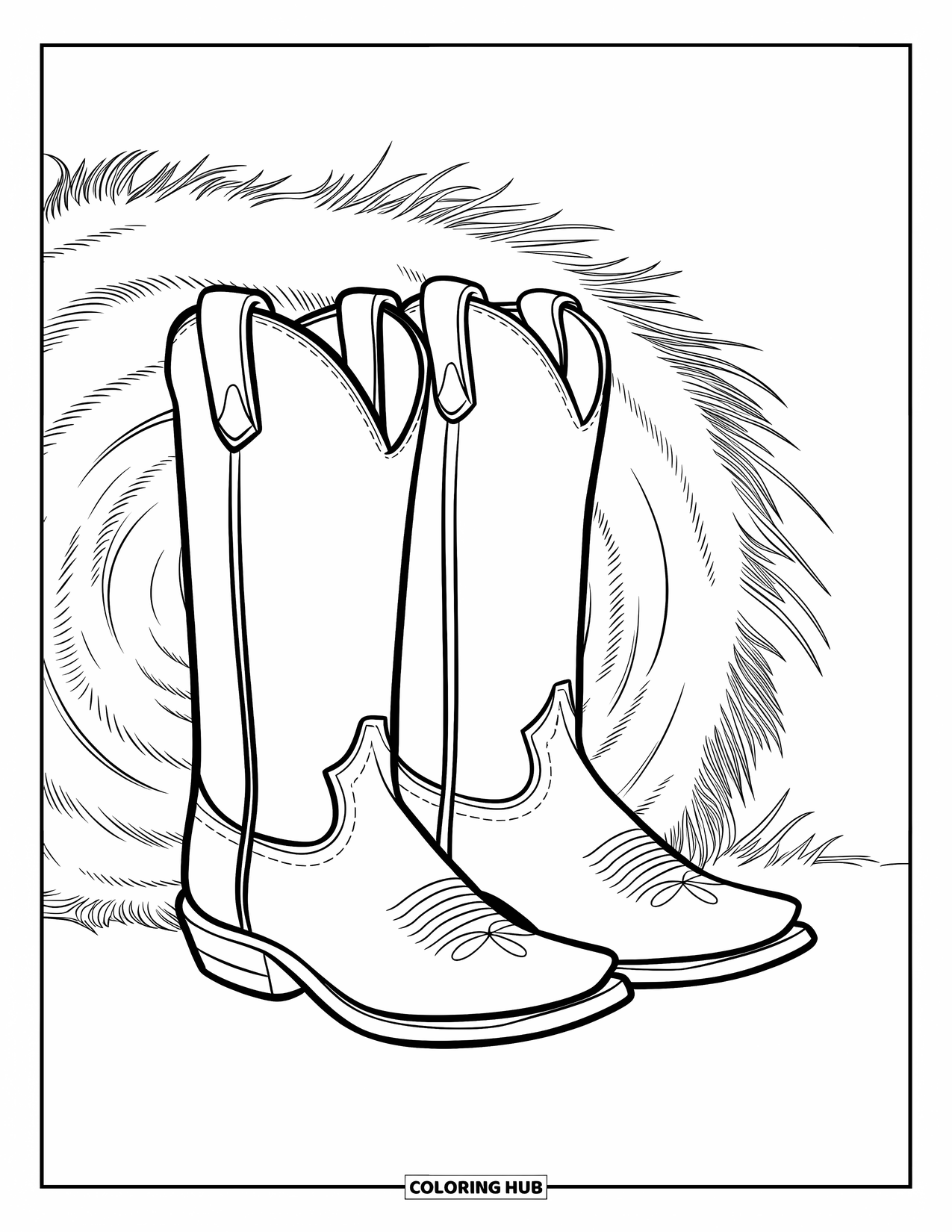 Boots Coloring Page for Kids: Cowboy boots before a hay bale with stitched toe caps and pull loops