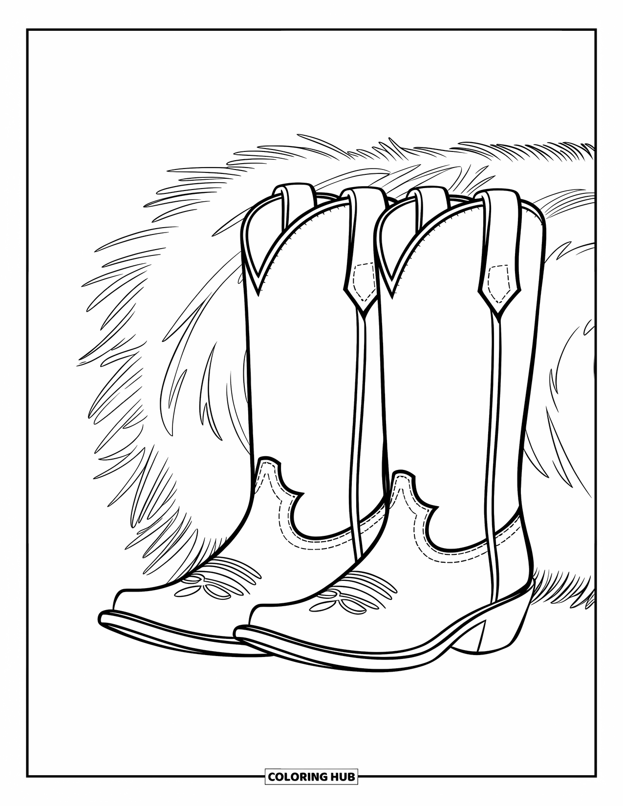 Boots Coloring Page for Kids: Cowboy boots in front of a hay bale with stitched toe caps