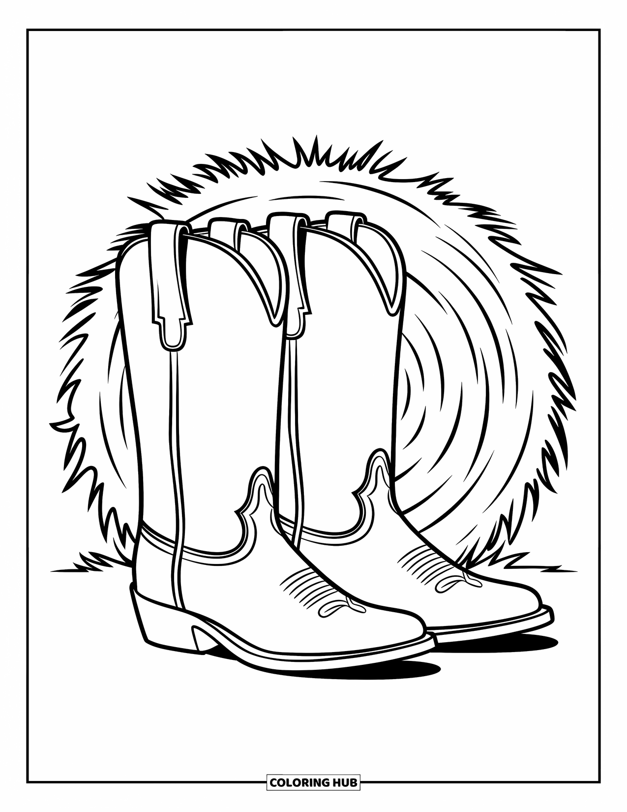 Boots Coloring Page for Kids: Cowboy boots with stitched toe caps in front of a hay bale