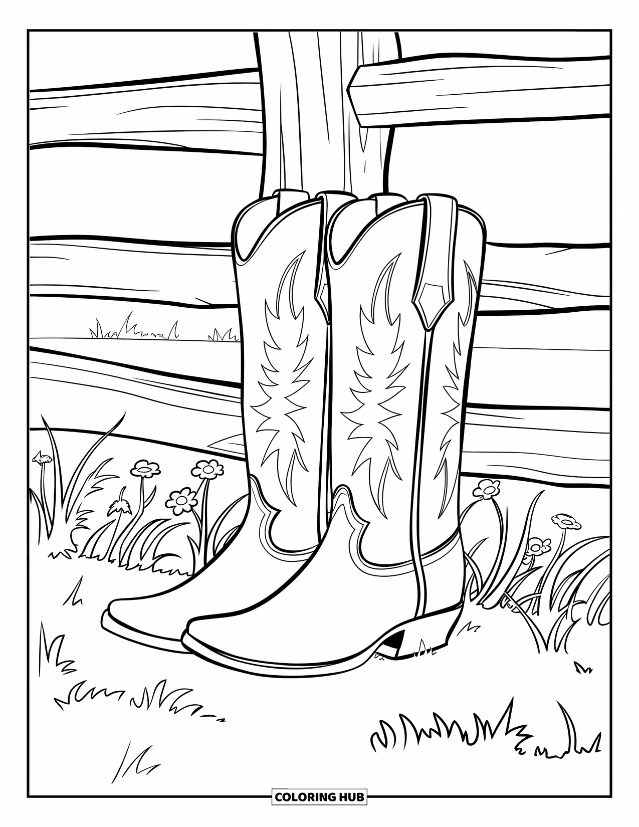 Boots Coloring Page for Kids: Cowboy boots with stitching leaning on a rustic fence