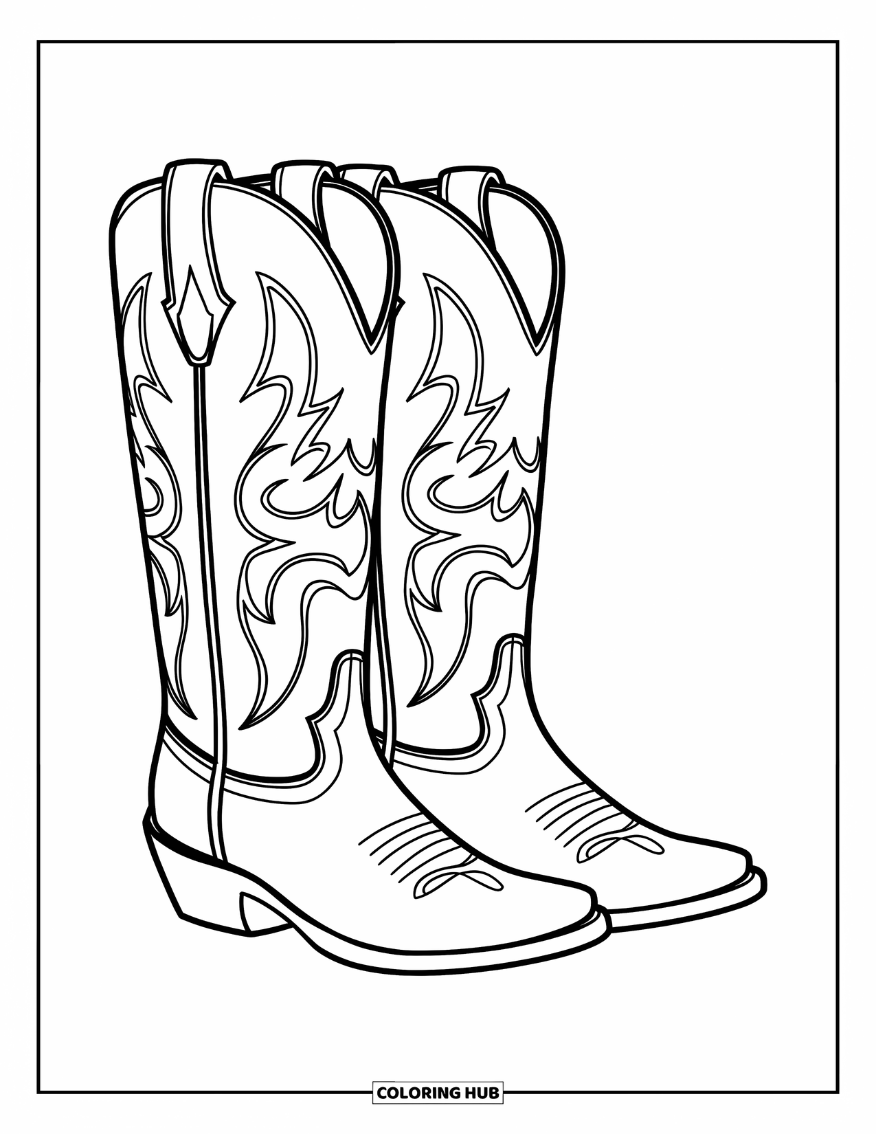 Boots Coloring Page for Kids: Cowboy boots with swirling stitching and pull straps, suitable for teens