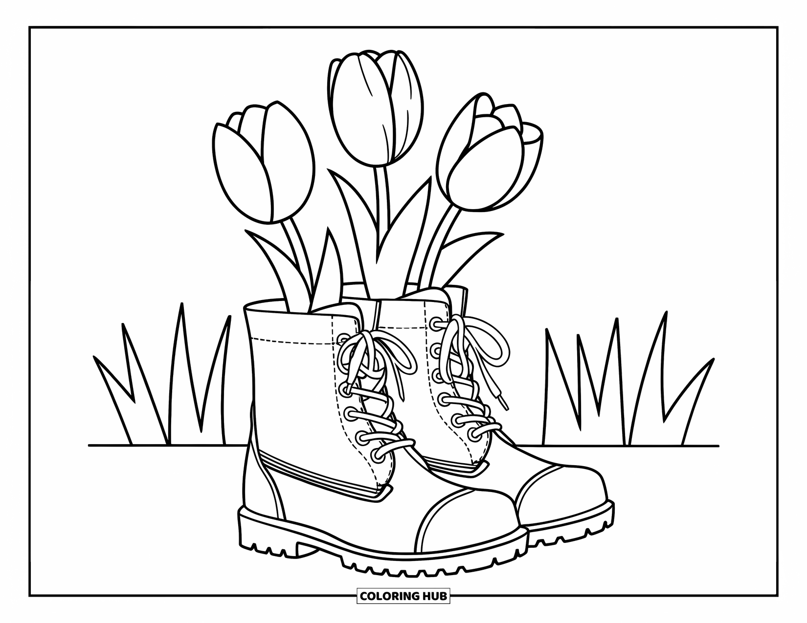 Boots Coloring Page for Kids: Garden boots with tulips in a vase beside them